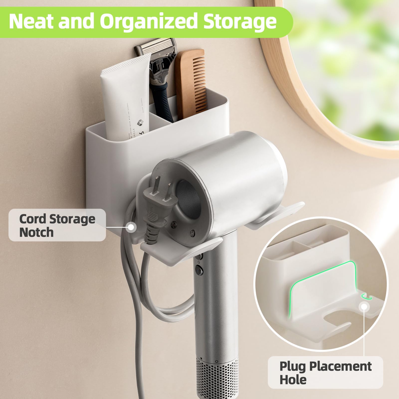 PAVSTINE Hair Dryer Holder Universal Wall Mount Blow Dryer Holder Strong Self Adhesive Hair Dryer Hanger with Plug&Cord Organizer Rack for Dyson Hair Dryer Holder Bathroom, Vanity, Cabinet, White
