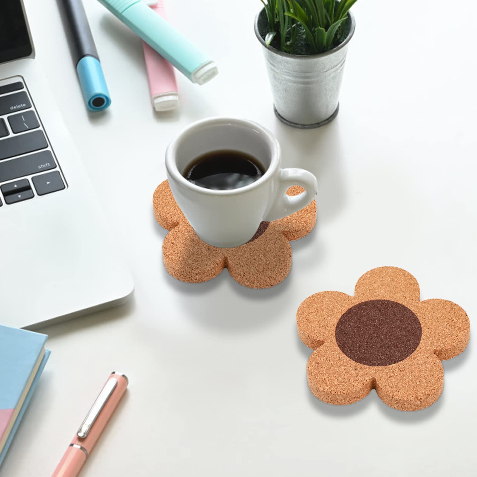 Fasmov 12 Pack 3/8" Thick Cork Coasters, 4 Inch Flower Shape Absorbent Natural Cup Coasters Heat Resistant Coasters for Drinks, Wine Glasses, Cups & Mugs