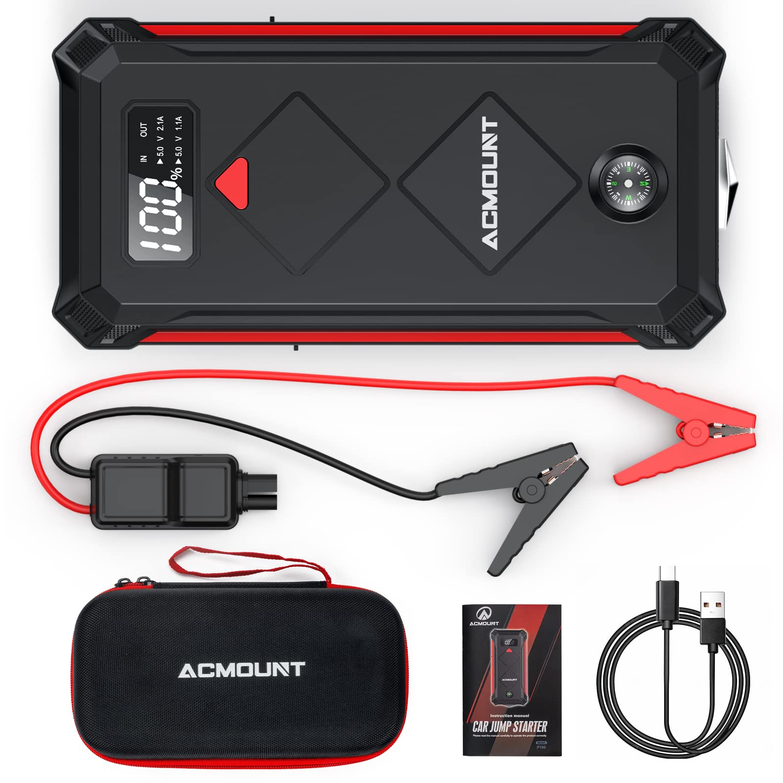 Acmount Car Jump Starter, 3000A Peak Lithium Jump Starter Battery Pack for Up to 10.0L Gas or 8.0L Diesel Engine, Safe 12V Portable Battery Starter Power Pack with LED Screen & LED Light