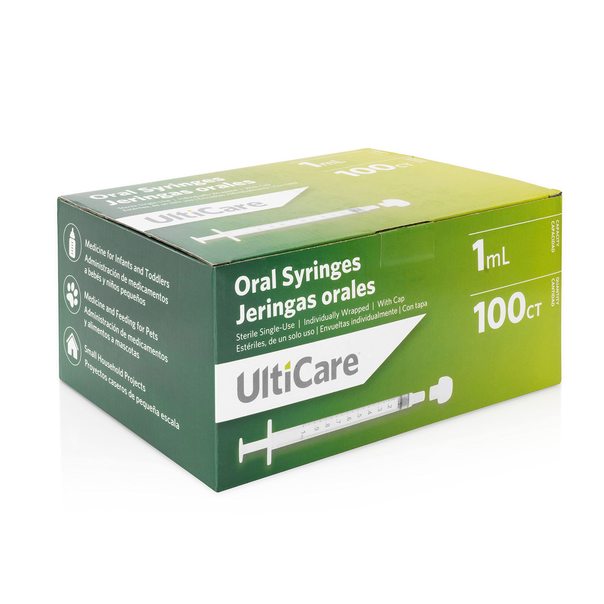 UltiCare 1mL Oral Syringe – Uses Include Oral Administration of Medicine for Infants, Toddlers and Small Pets, and Small HH Projects. Oral Tip with Cap, Sterile Individually Wrapped, 100 Count