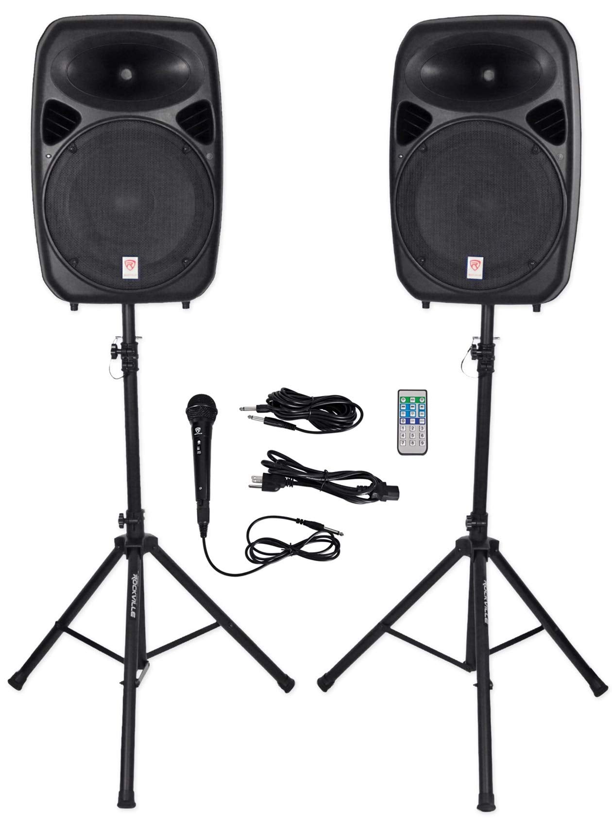 Rockville RPG152K Dual 15" Powered Speakers, Bluetooth+Mic+ Stands+Cables