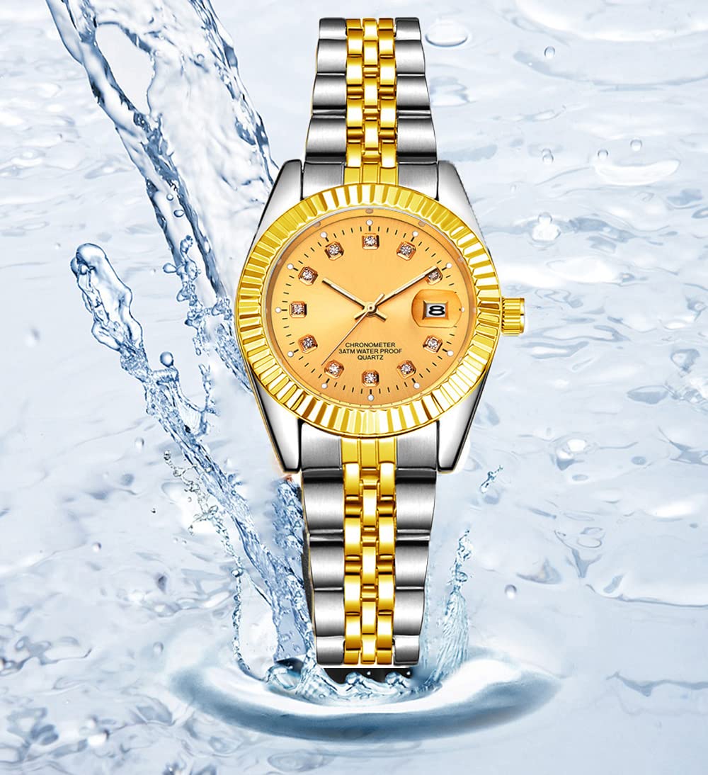 BESTKANG Luxury Womens Quartz Analog Watches Rhinestone Calendar Waterproof Luminous Gold Silver Two Tone Stainless Steel Watches (Silver Gold)