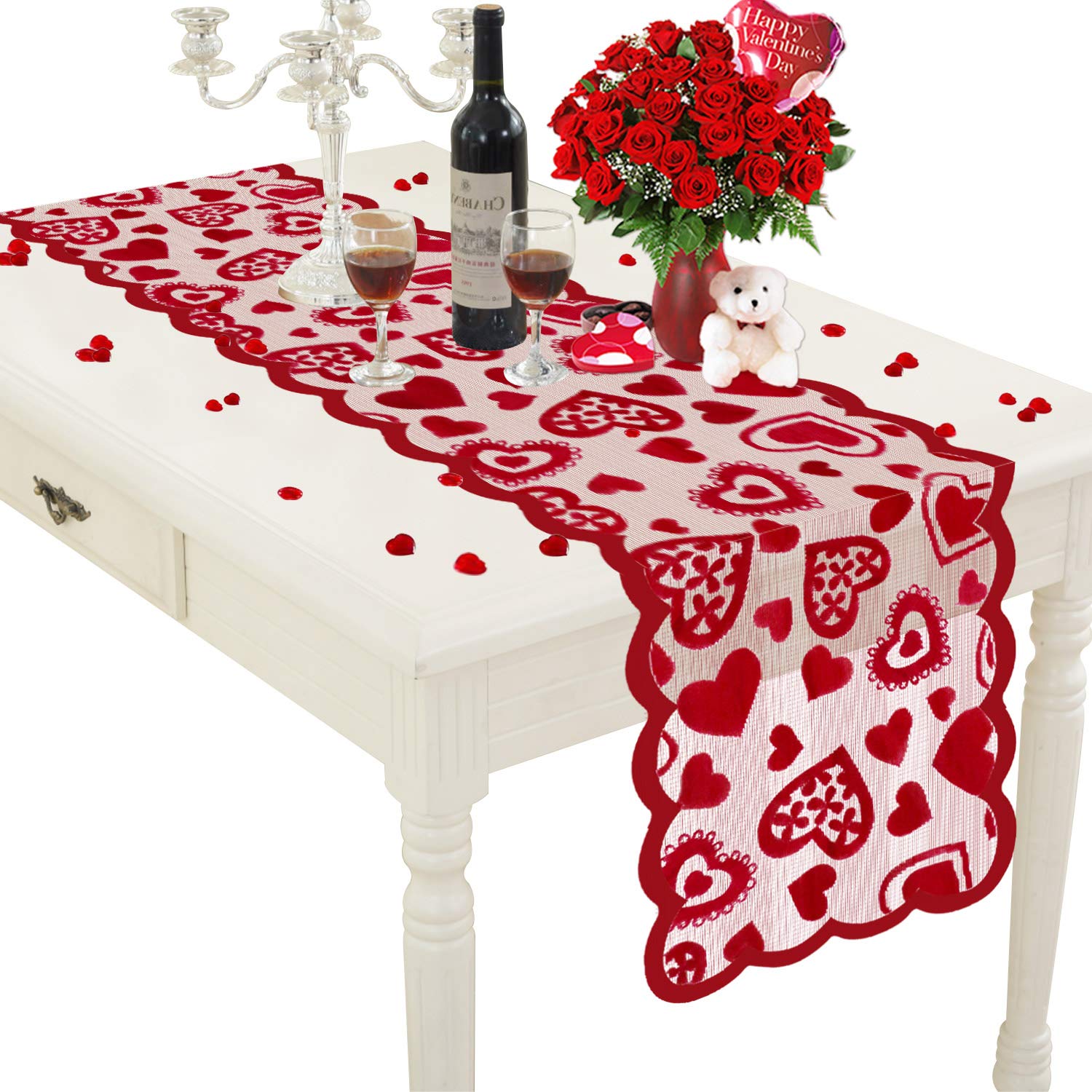 Mosoan Valentines Day Decor Table Runner - 13 x 72 Inch Red Lace Table Runner for Wedding Party, Valentines Decorations - Valentines Day Decor Home Romantic Decorations Heart Shaped Table Runner