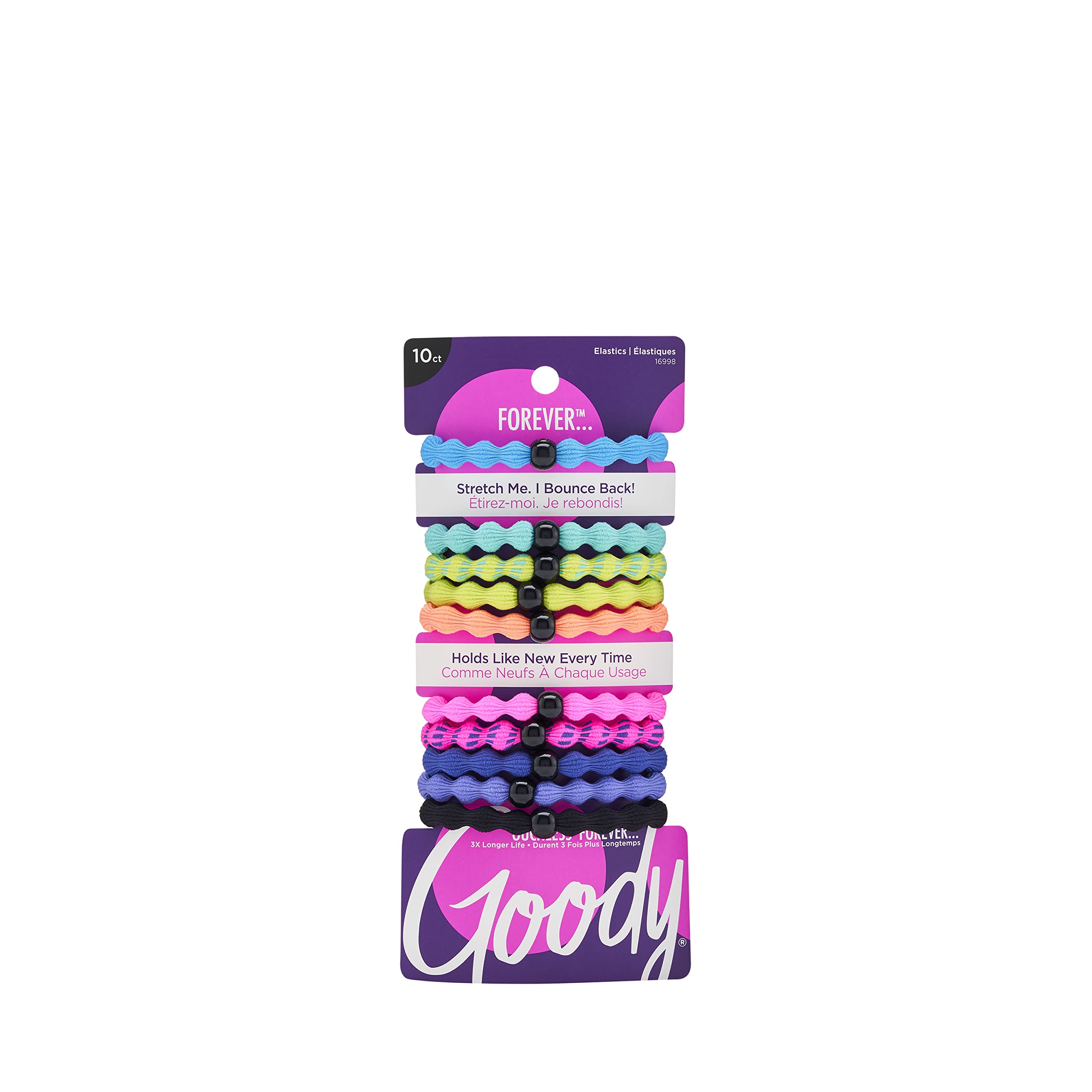 Goody Ouchless Forever Hair Elastics - 10 Ct, Assorted Neon, Damage-Free Bands, 3X Stronger Hair Ties, Retainable Shape, 16 Strand Inner Core, Hair Accessories for Women & Men, All Hair Types