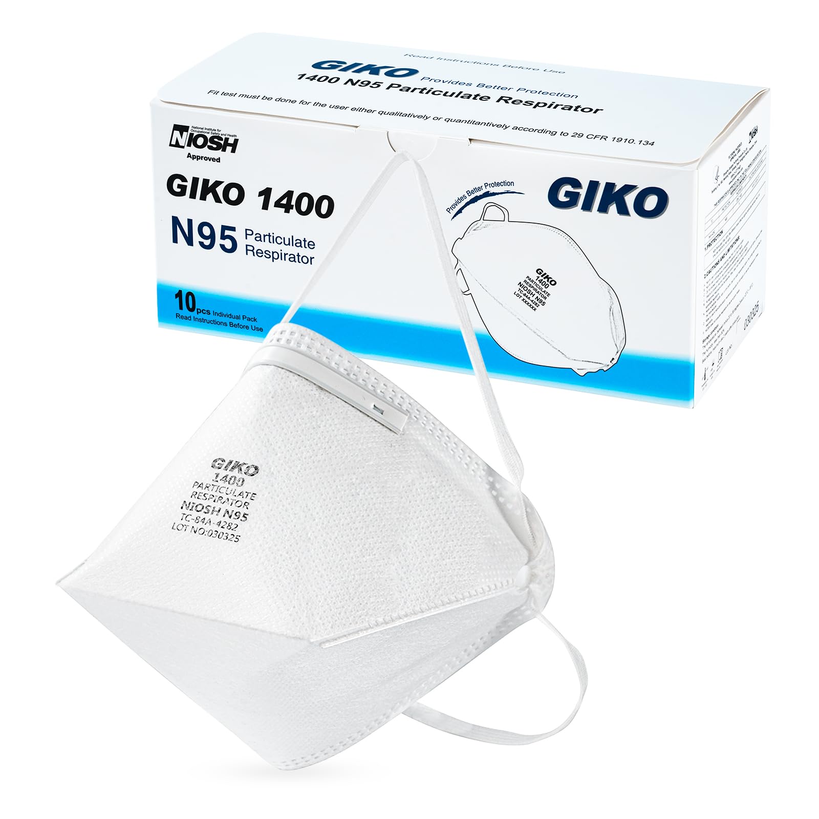 GIKO N95 Respirator Mask 10Pcs Individually Wrapped NIOSH Approved N95 Particulate Respirator for Adult, Men, Women, White