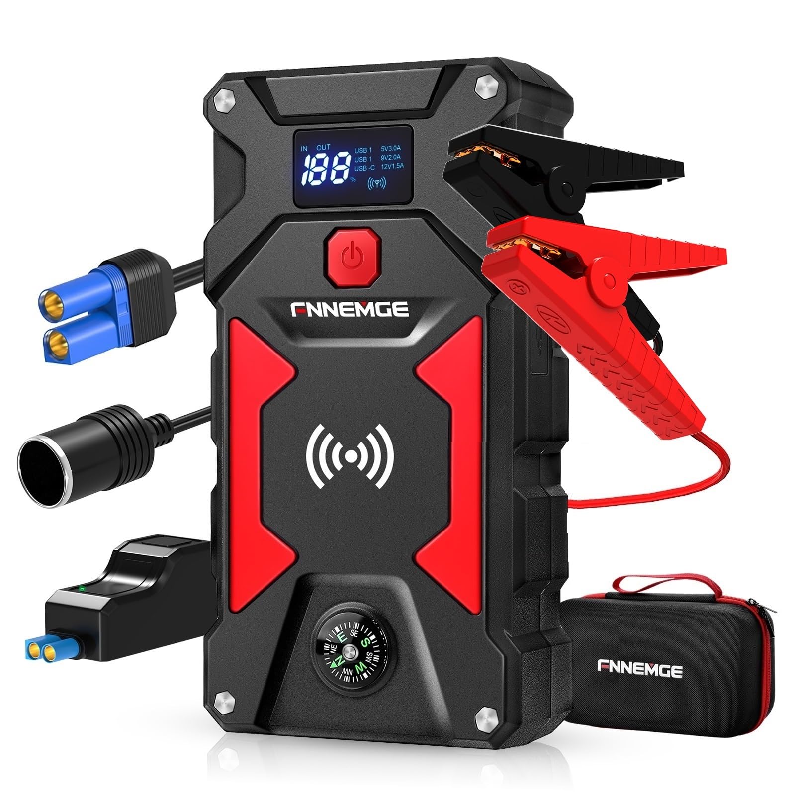 FNNEMGE Car Jump Starter, 5000A Peak 24800mAh 12V Car Battery Starter(Up to All Gas, 8.0L Diesel Engine), with USB Quick Charge 3.0,LED Light,12V EC-5 Output.