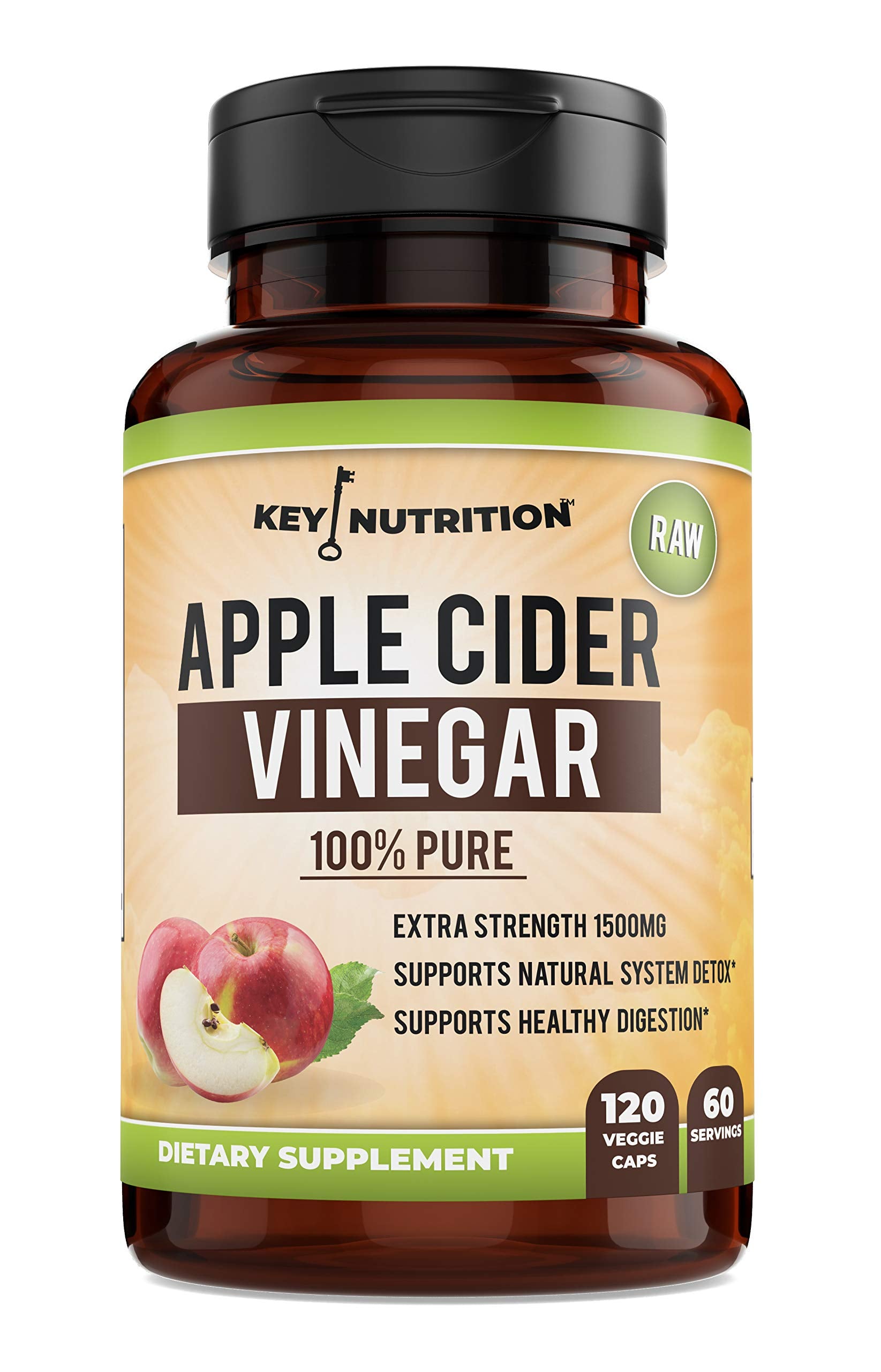 Key Nutrition Apple Cider Vinegar 1500mg, 100% Organic, Pure & Raw - Healthy Digestion & Detox Support - 60 Day Supply
