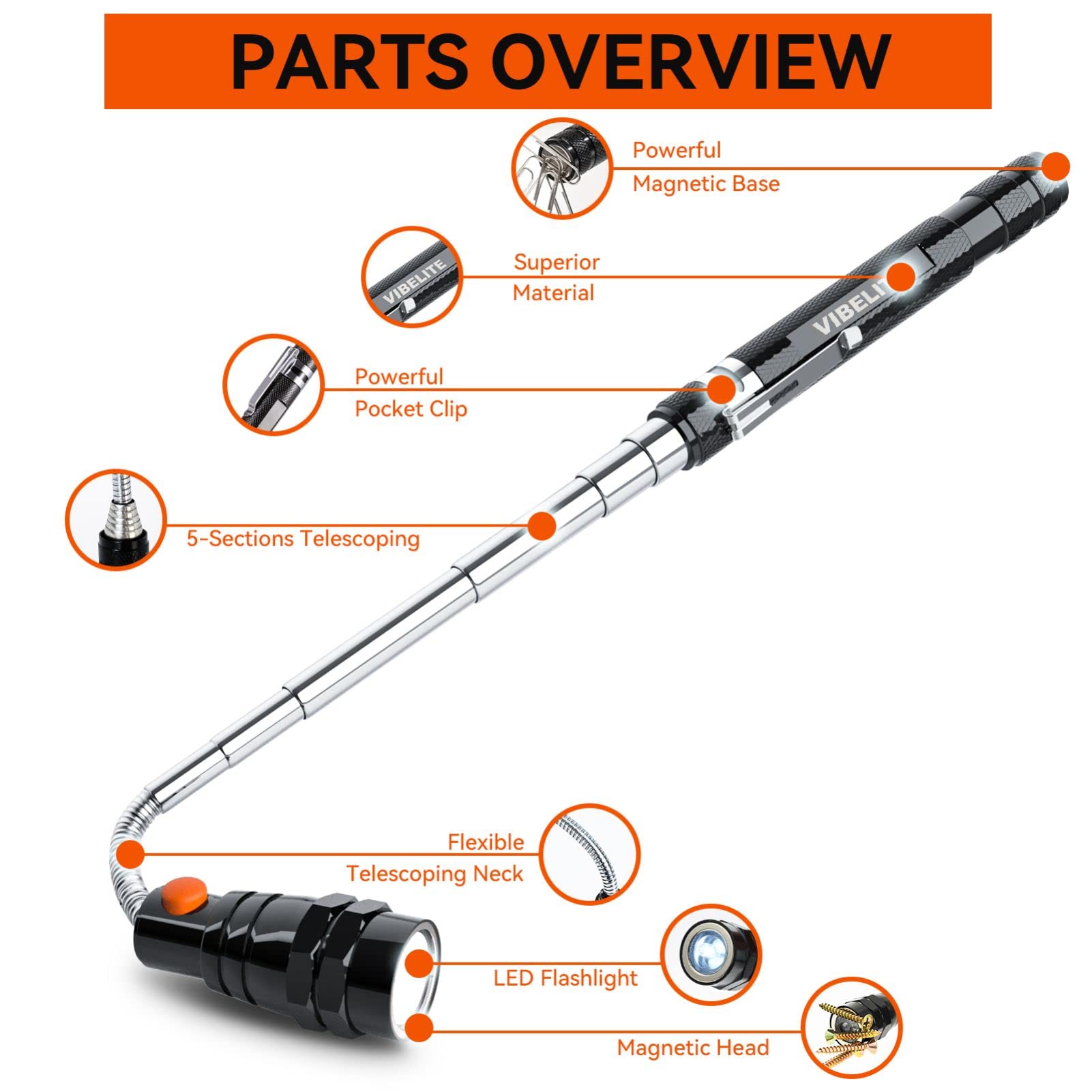 Magnetic Pickup Tool with LED, Telescoping Magnet Flashlight, Gadget Tools Birthday Gifts for Men, Handyman, Husband, Boyfriend, Him, Father, Dad (Black)