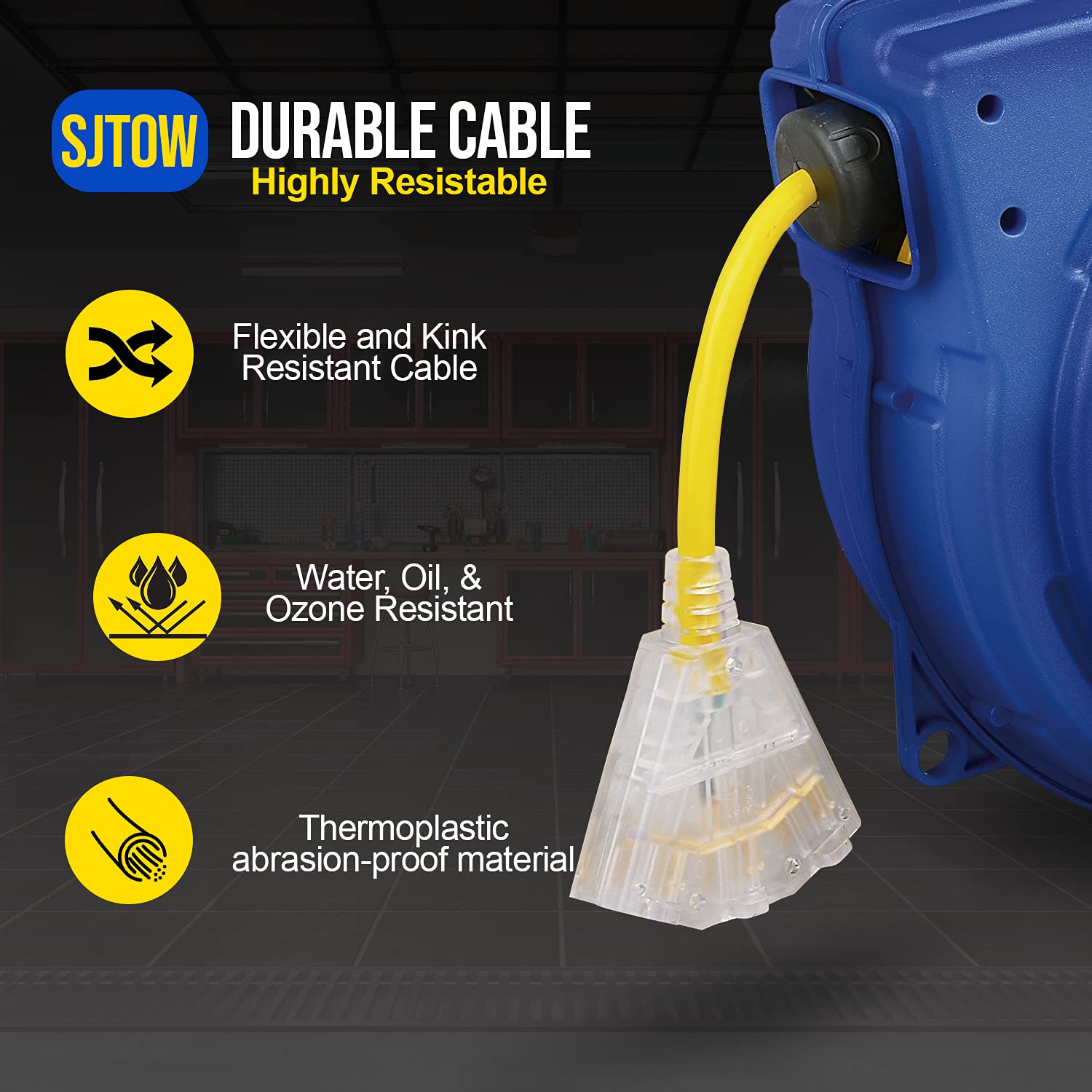 GOODYEAR Extension Cord Reel Extra Long 40 ft 14AWG 3C SJTOW, Triple Tap Connector, Heavy Duty, Slow Retraction Stop At Any Point