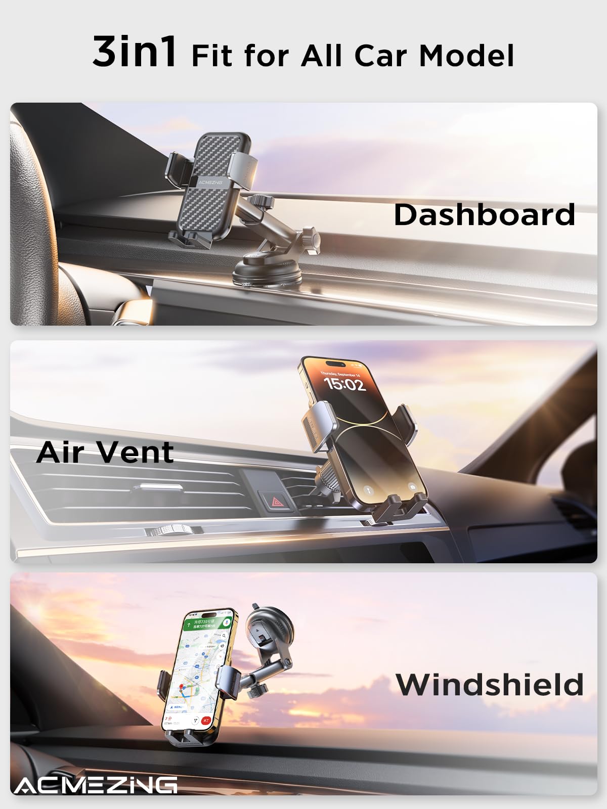 ACMEZING 3-in-1 Car Phone Holder Mount [Extreme Terrain Stability] Dashboard Windshield Air Vent [Double Metal Hook] Cell Phone Holders for Your Car for iPhone Samsung All Smartphones & All Car Model