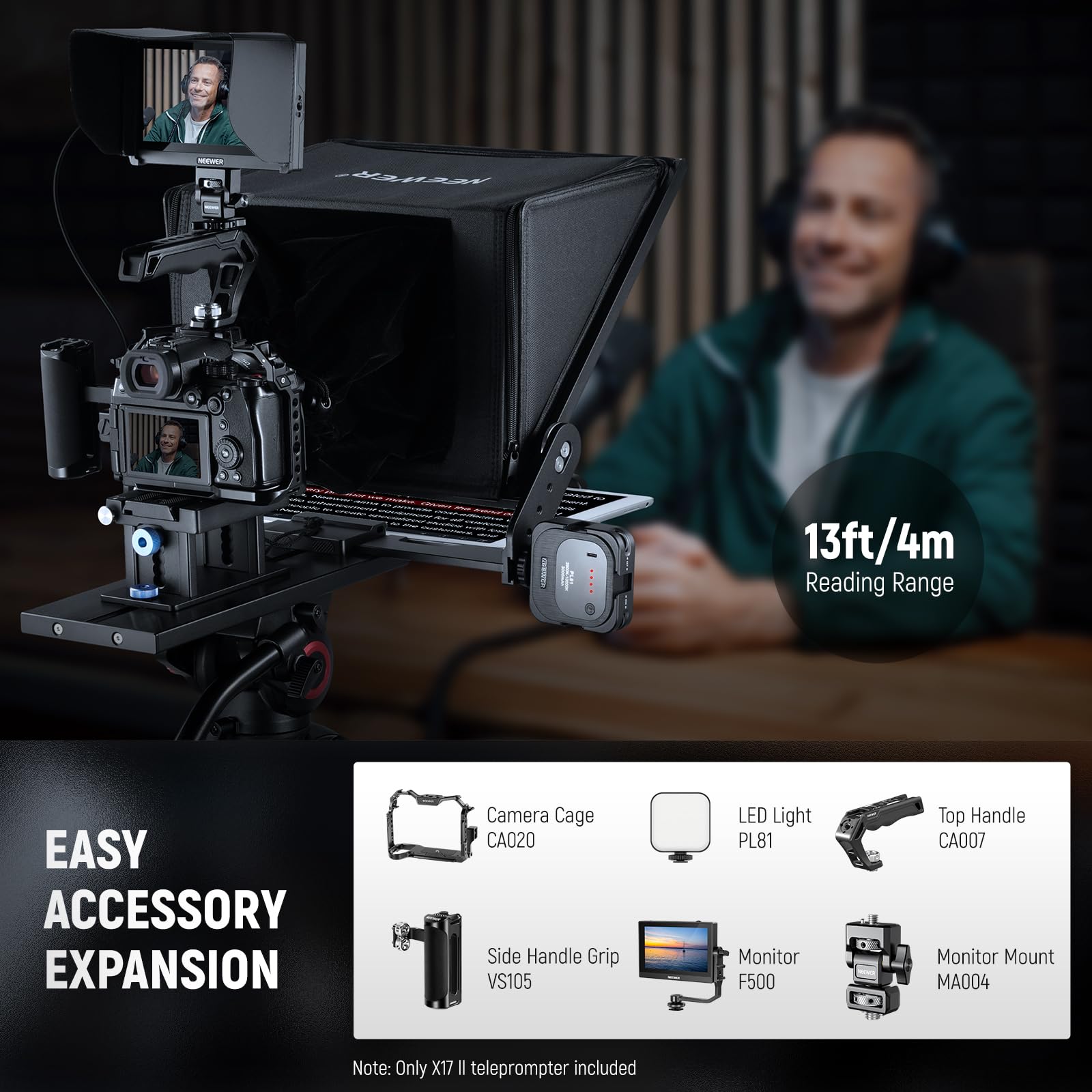 NEEWER Teleprompter X17 II with RT113 Remote/APP Control, 17" HD Beamsplitter All Metal Frame Upgraded Camera Mount QR Plate Compatible with Manfrotto 501PL iPad iPhone, Max Load 44.1Ib, Assembly Free