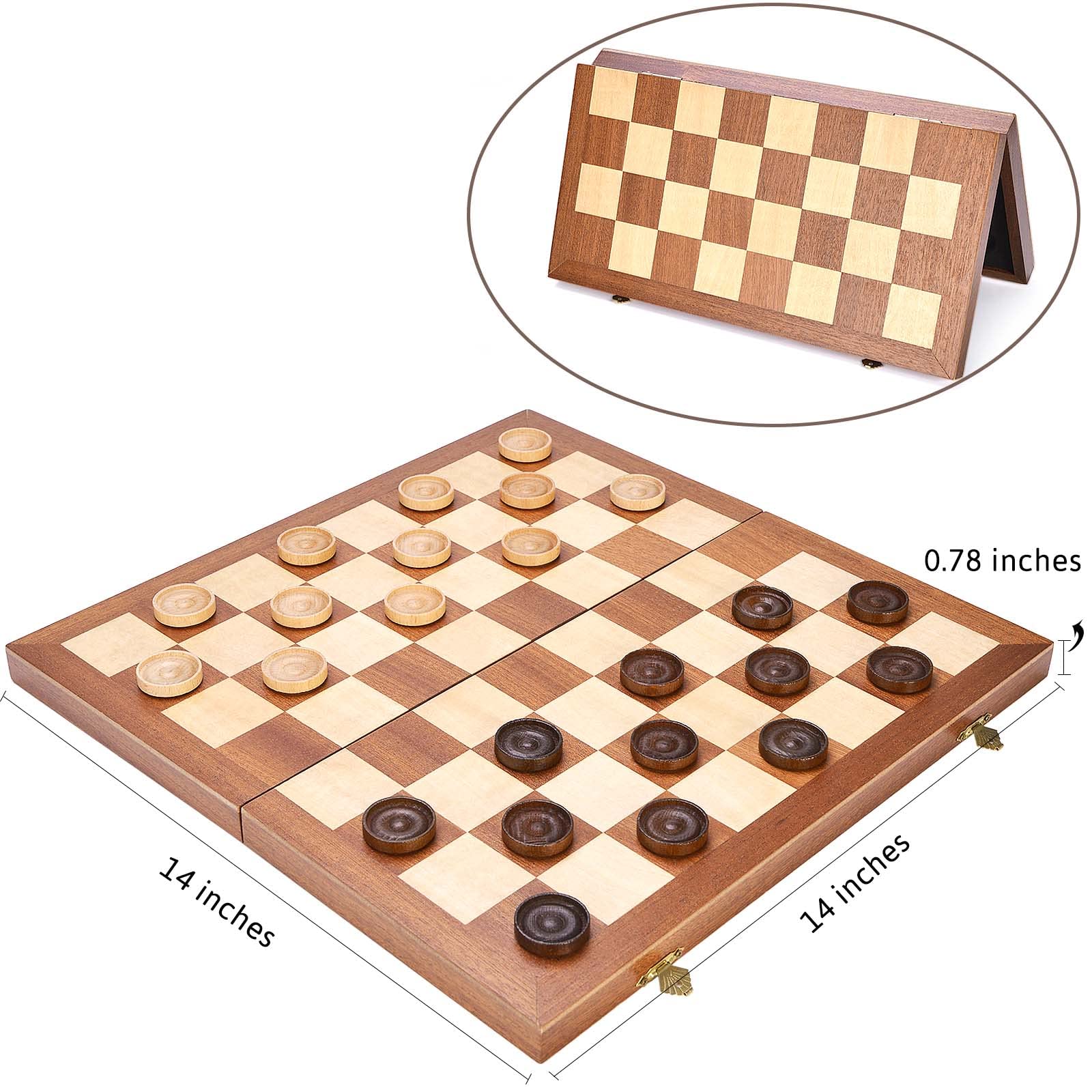 VAMSLOVE 14inch Checkers Folding Wooden Game Set, 8x8 Classic Checkerboard International Checkers Draughts Board 64 Square with Pieces Storage Slots (Instructions Included)