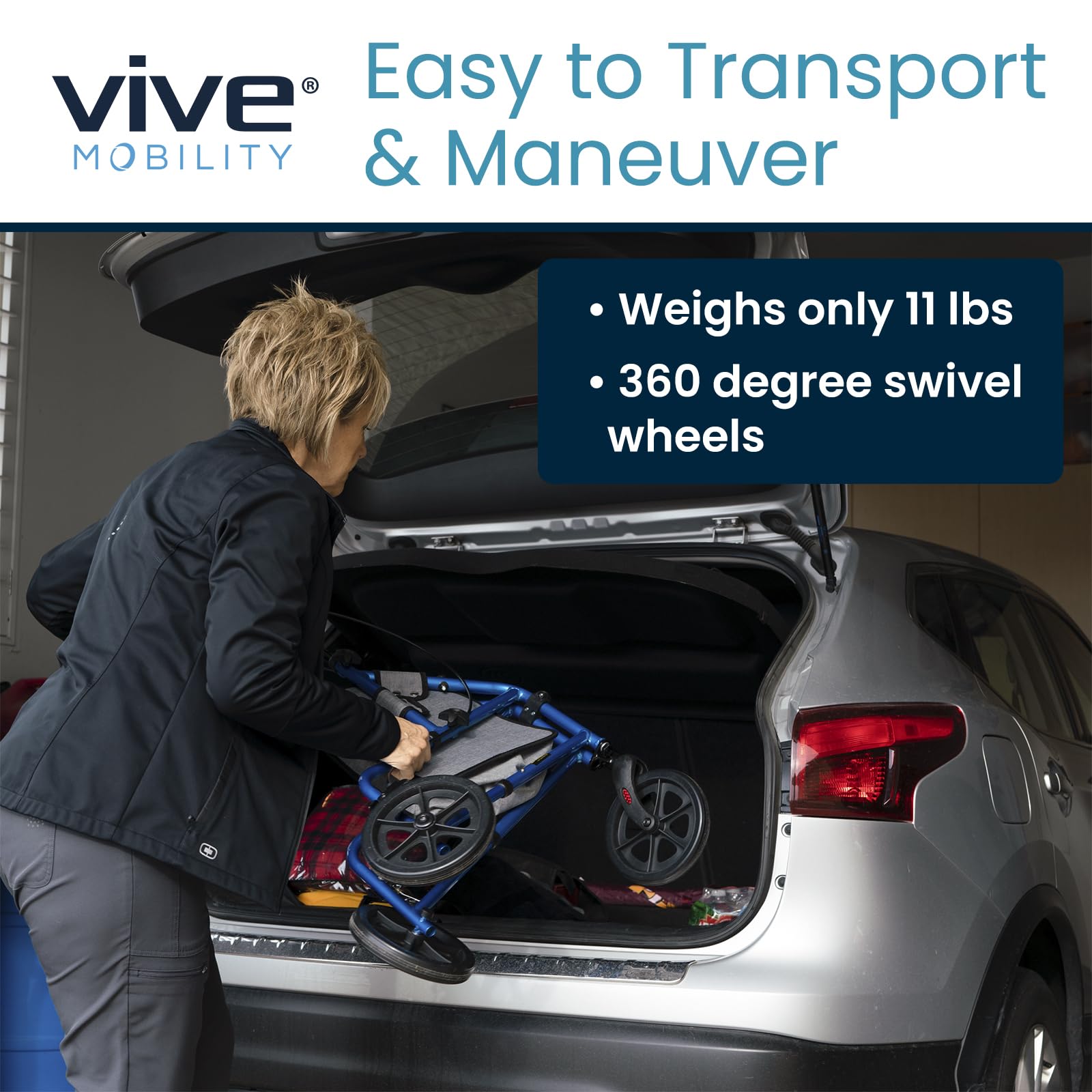 Vive Mobility 3 Wheel Walker - Three Wheeled Rollator for Seniors - Lightweight, Foldable, Narrow, Heavy Duty - for Elderly Men Women - Folding 3-Wheel Tri Scooter with Basket Bag