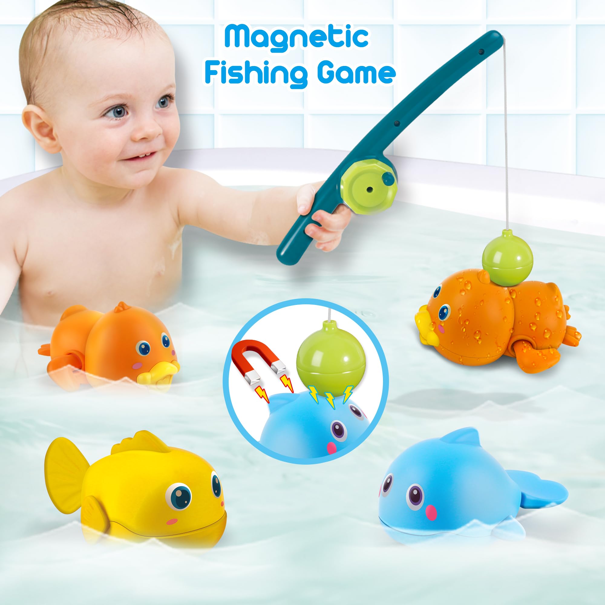 Dwi Dowellin Bath Toys for Toddlers, Magnetic Fishing Games Kids Bathtub Toys, Mold Free Wind-up Toys Swimming Fish Duck Whale Floating Water Toys for Kids Baby Infant