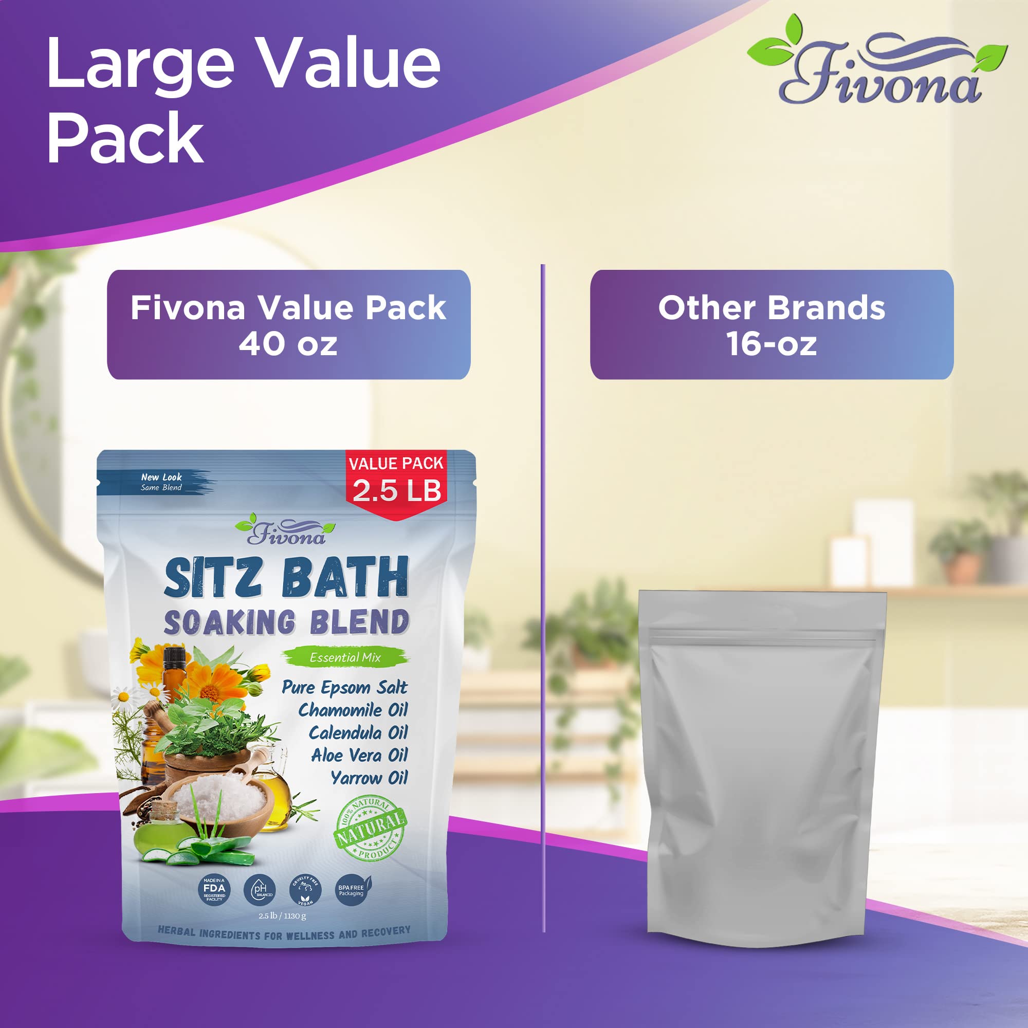 Fivona 2 in 1 Sitz Bath Soak Kit for Hemorrhoids and Postpartum Care - Soaking Blend with Epsom Salt and Essential Oils Value Pack 40 oz with Over the Toilet Seat - Fast Irritation Relief at Home