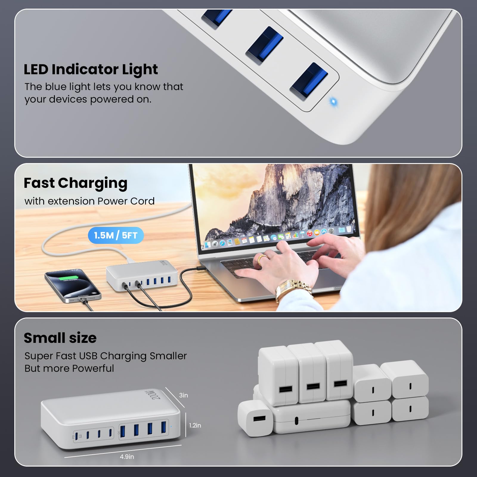 USB C Charger 200W USB C Charger Block,Upgraded GaN III 8-Port Fast Charging Station Hub,PD 65W Laptop Charger Adapter Compatible with MacBook Pro/Air,DELL,Steam Deck,iPhone 16/15/14,Galaxy S23/22 etc