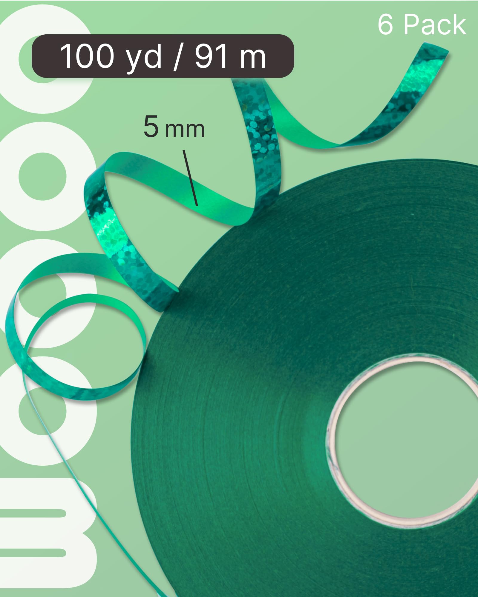 PartyWoo Green Curling Ribbon for Balloons, 600 Yards Iridescent Crimped, Shiny for Craft, Gift Wrapping, Wedding, Florist Flower (6 Rolls, 100 Yards/Roll)