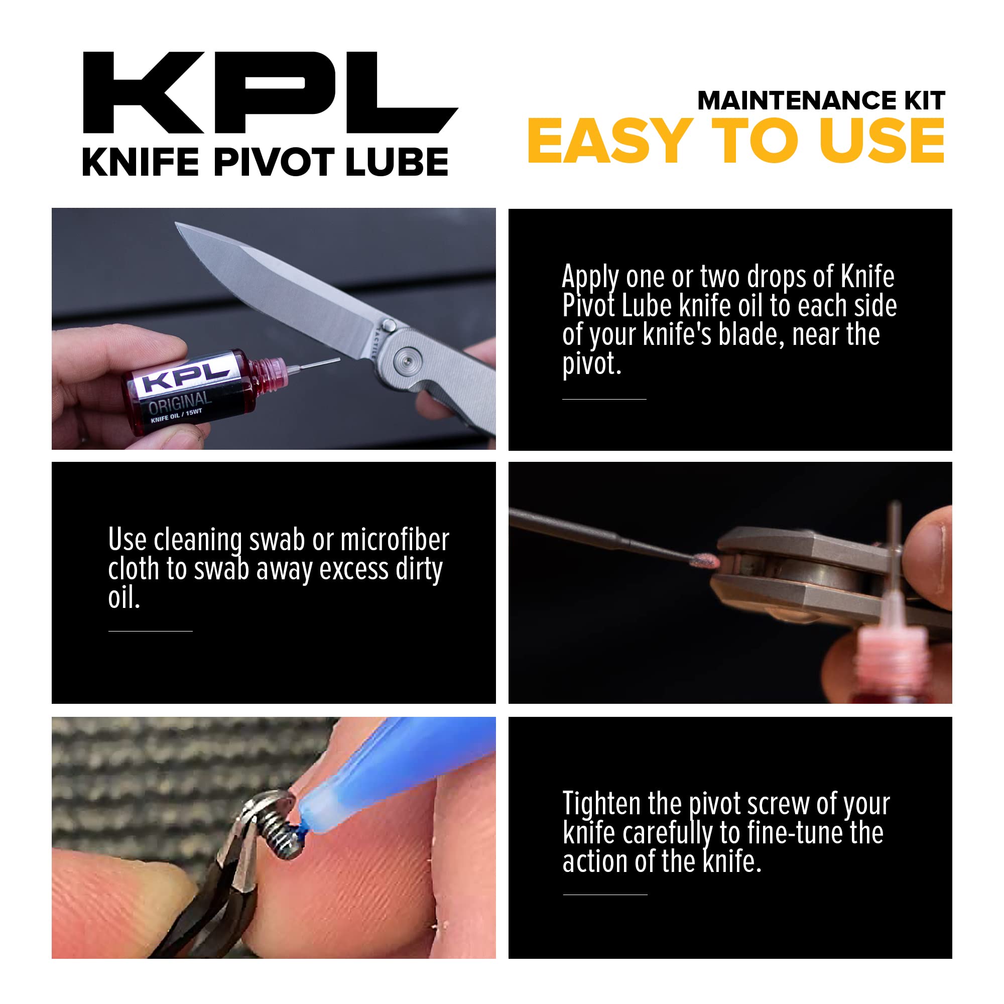 KNIFE PIVOT LUBE KPL Original Knife Care & Maintenance Kit Bundle for Blades Knife Pivot Lube Heavy,Pocket Knife Lubricant, Knife Honing Oil Knife Oil Lubricant for Blade Care, 10ml Oil Bottle