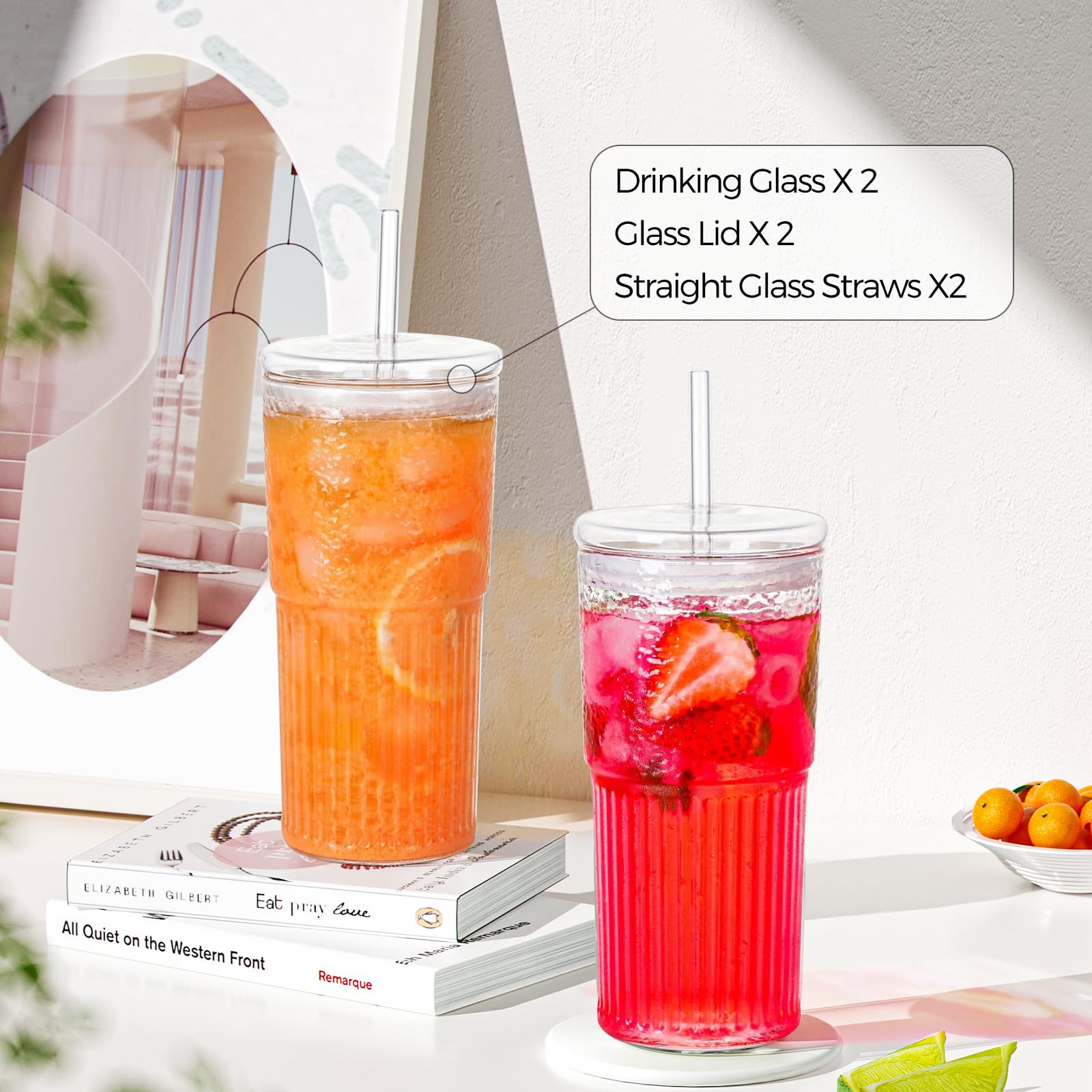2PCS Glass Cups with Lids and Glass Straws, 20OZ Iced Coffee Cups, Home Essential and Coffee Bar Accessories Borosilicate Glass Tumblers with Lid and Straw for Beer, Cocktail, Tea and Latte, Clear