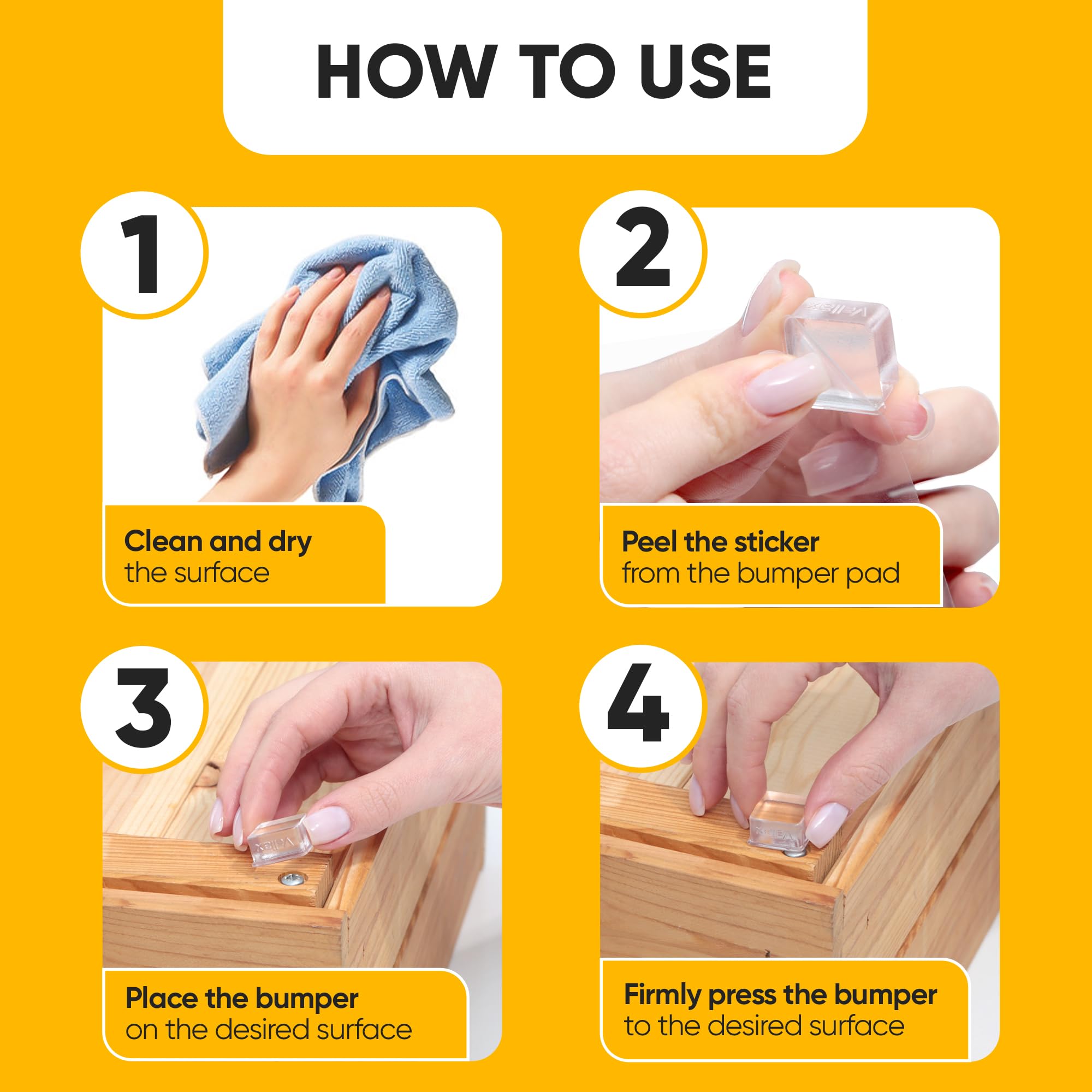 Small Door Knob Wall Protectors – 16 Clear Self-Adhesive Silicone Bumpers for Doors, Furniture & Walls – Anti-Vibration Feet for Electronics & Appliances in Square Block Shape by VELLAX