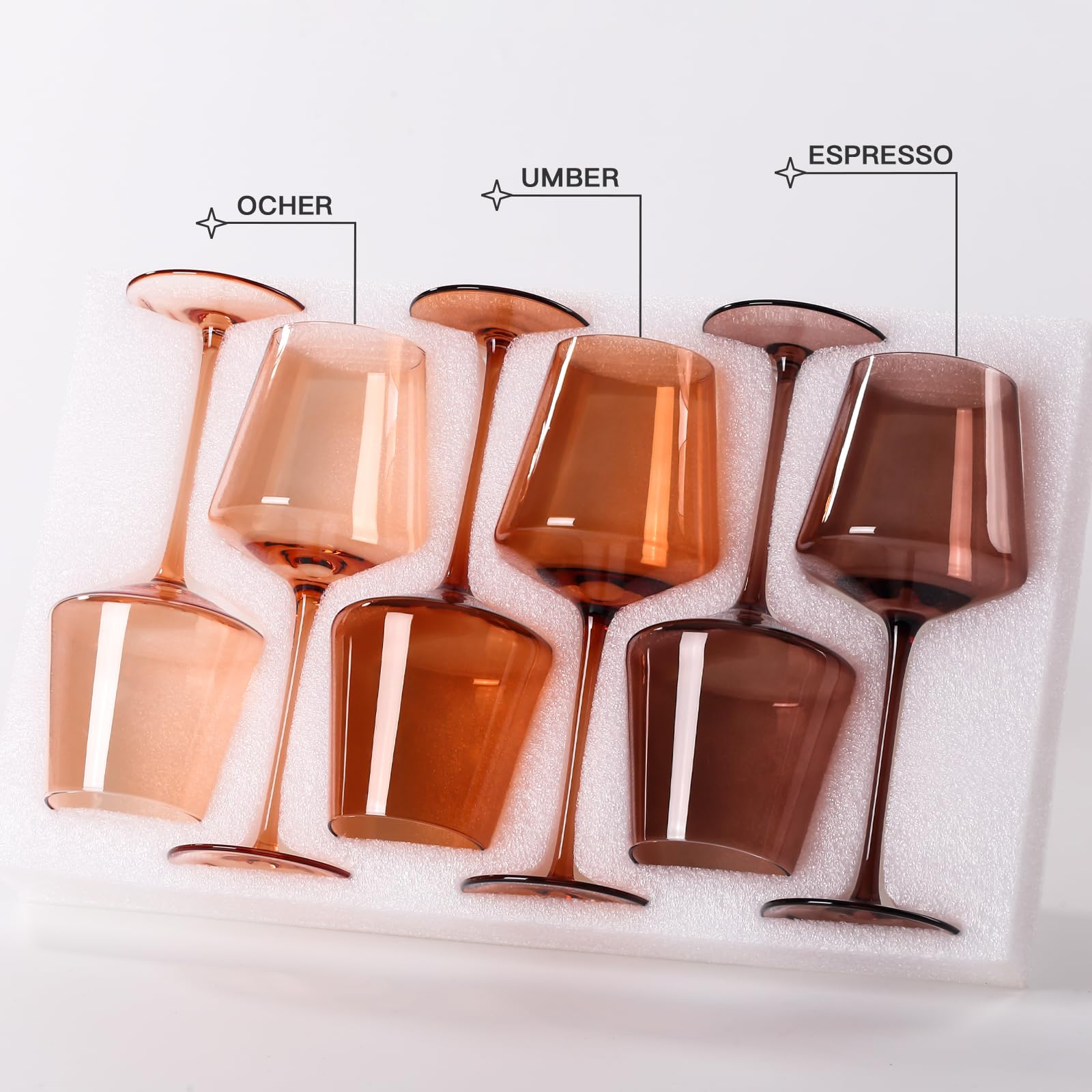 Venus Colored Wine Glasses Set of 6-18oz【Hand Blown】 Brown Wine Glasses with Tall Long Stems and Flat Bottom, Amber Colored Glassware-Unique Christmas Gifts for Wine Lovers-Wedding Gifts