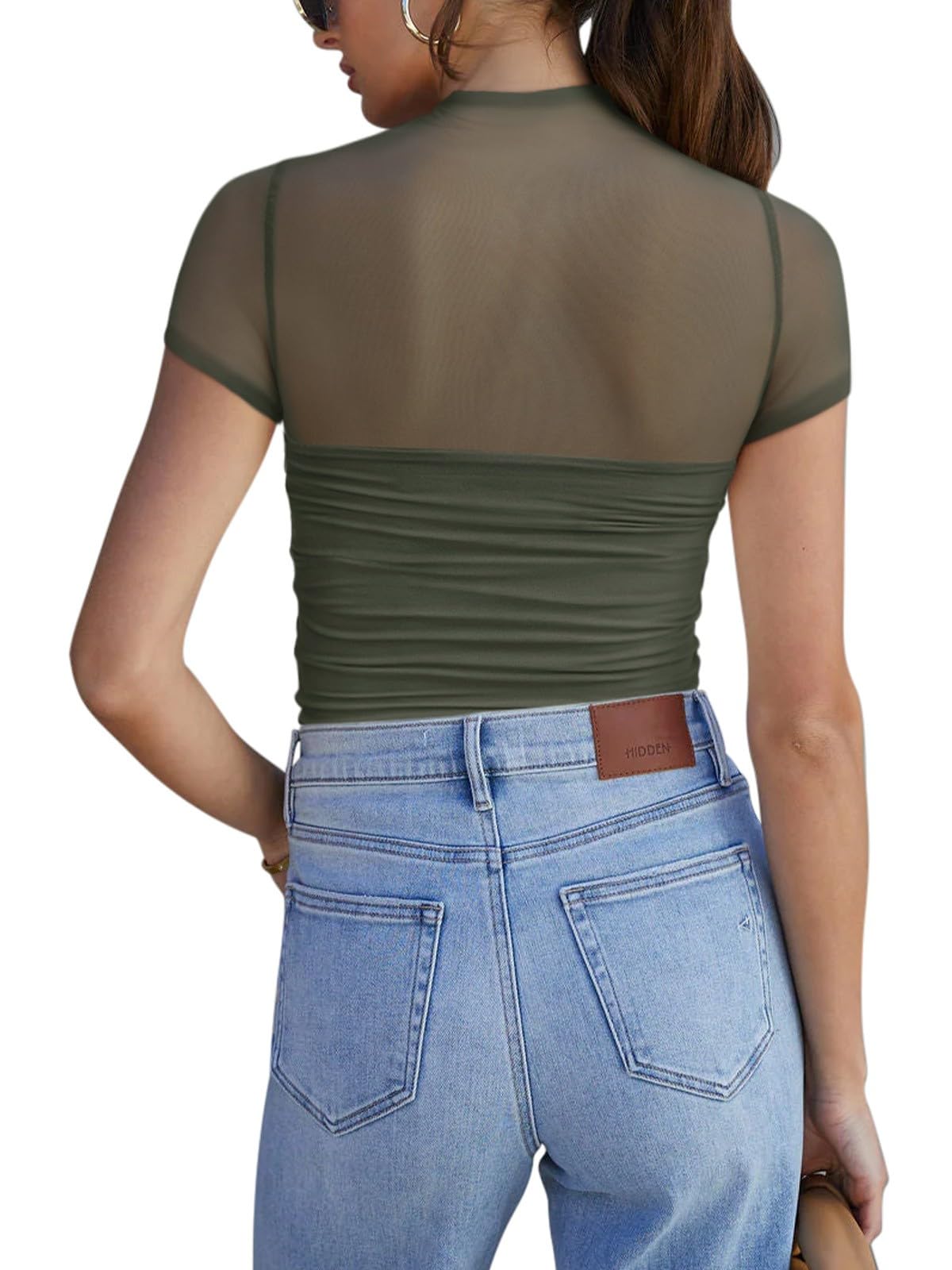 REORIA Sexy Bodysuits for Women Classic Mock Turtle Neck Short Sleeve Slim Fit Shirts Sheer Mesh Ruched Trendy Going Out Tops Cute Office Bodysuits Grey Green Small