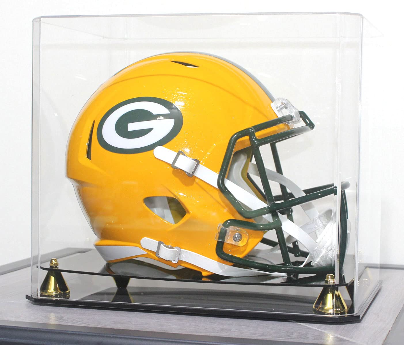 DisplayGifts Pro UV Football Helmet Display Case Stand fits Adult Size Baseball, Ice Hockey, Motorcycle, Football Helmets, Showcase with Gold Risers, One Piece No Assembly Required
