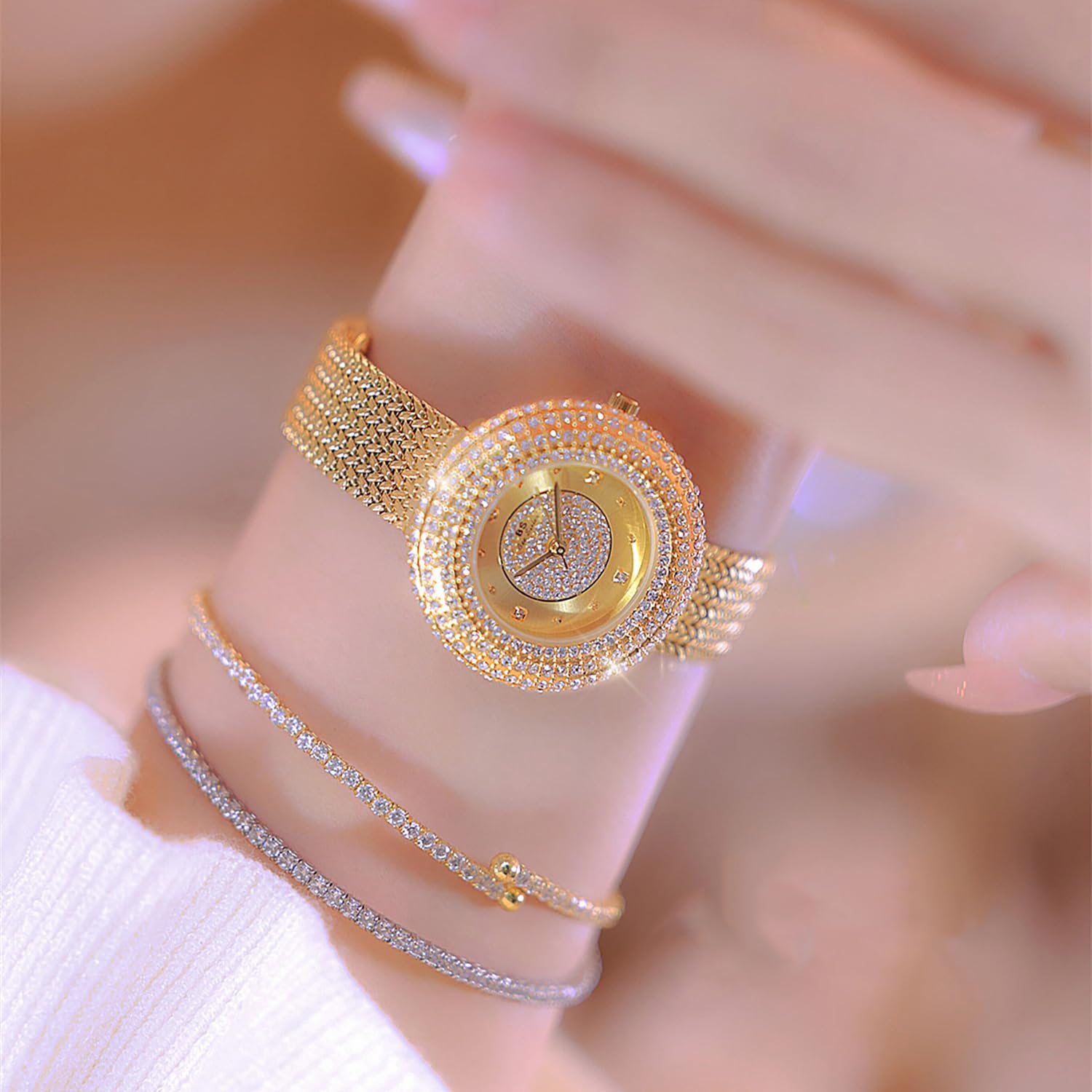 BESTKANG Luxury Womens Watch Round Bling Bling Crystal Rhinestone Diamond Fashion Jewelry Ladies Watch Analog Quartz Waterproof Female Watches for Women (Gold White)