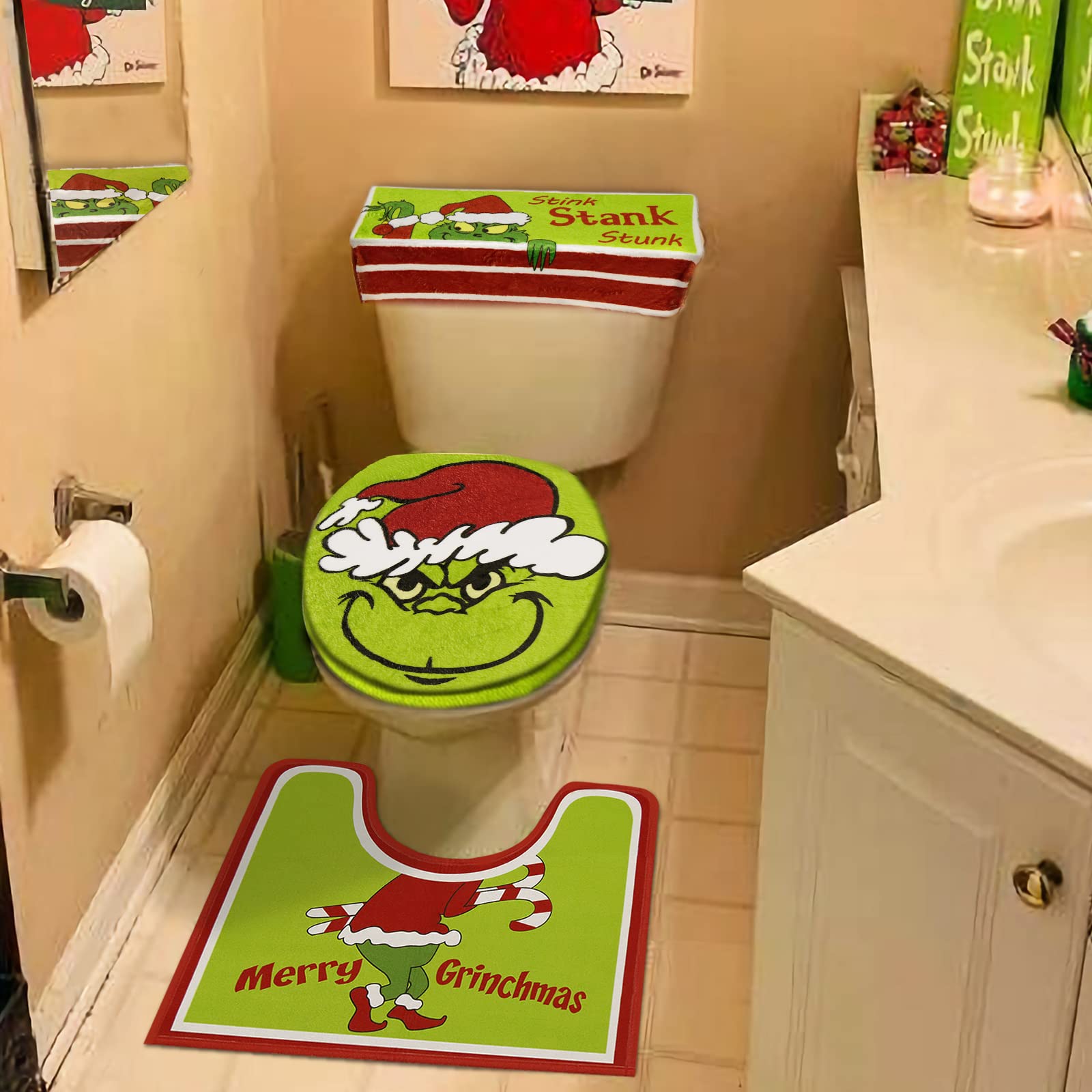 Mythcloud Christmas Decorations - Xmas Bathroom Sets - Christmas Decor Toilet Seat Cover and Rug for Indoor Home Bathroom Set of 4 (Red - Green)