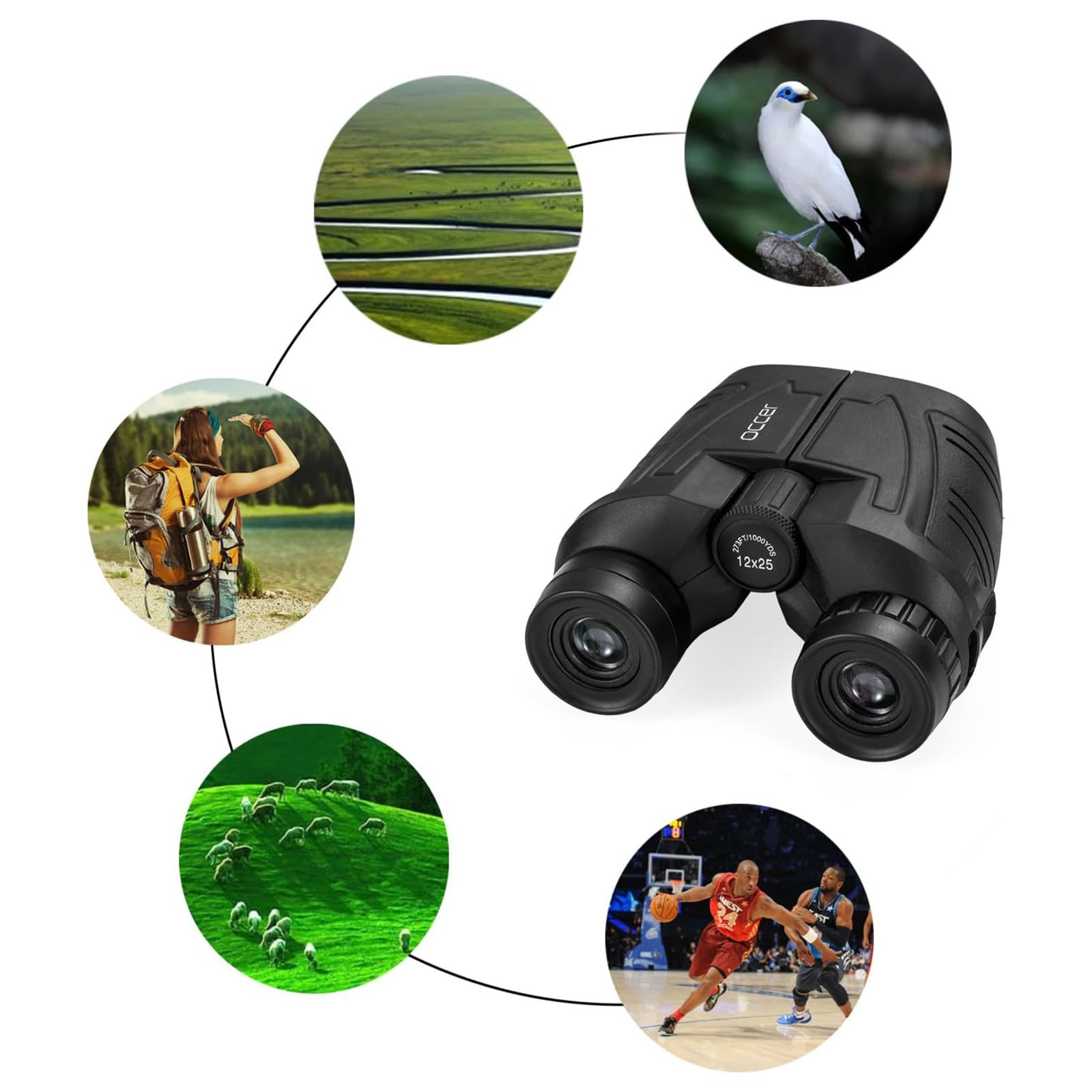 Occer 12x25 Compact Binoculars for Adults and Kids - Large Eyepiece Waterproof Binoculars for Bird Watching - High Powered Easy Focus Binoculars with Low Light Vision for Outdoor Hunting Travel