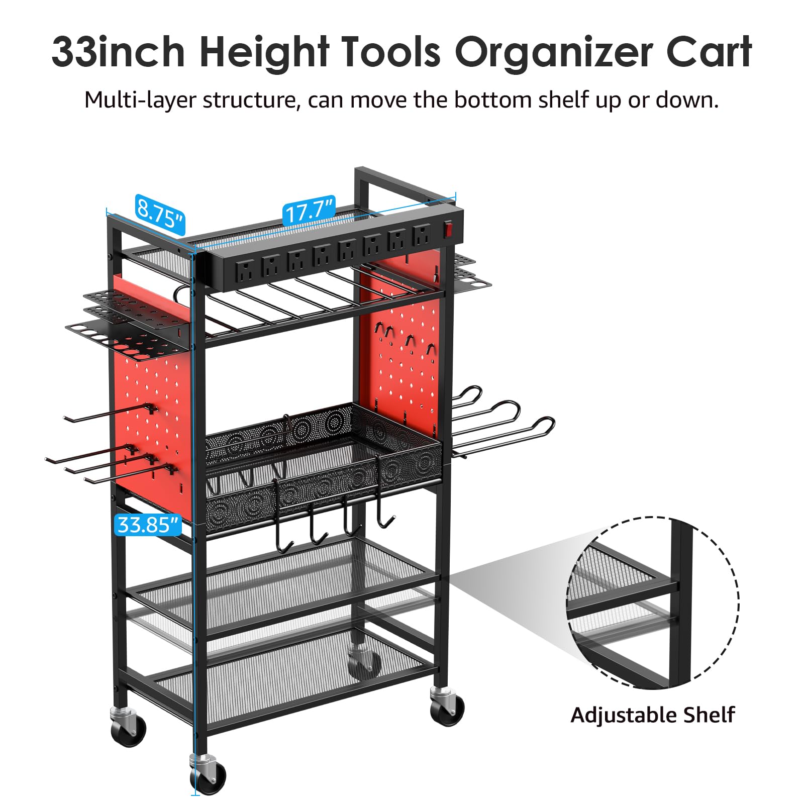 CCCEI Power Tool Organizer Cart with Charging Station, Garage Floor Rolling Storage Cart on Wheels for Mechanic, Mobile 6 Drill, Tool Box Utility Cart with Battery Charging Power Strip, Red.