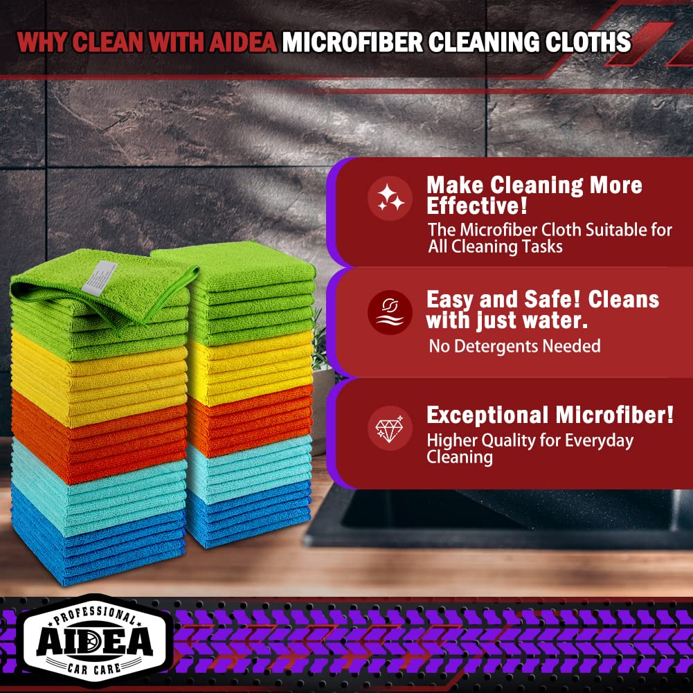 AIDEA Microfiber Cleaning Cloths, 50PK, Microfiber Towels for Cars, Premium All Purpose Car Cloth, Dusting Cloth Cleaning Rags, Absorbent Microfiber Cloth for SUVs, House, Kitchen, Window, 12"×12"