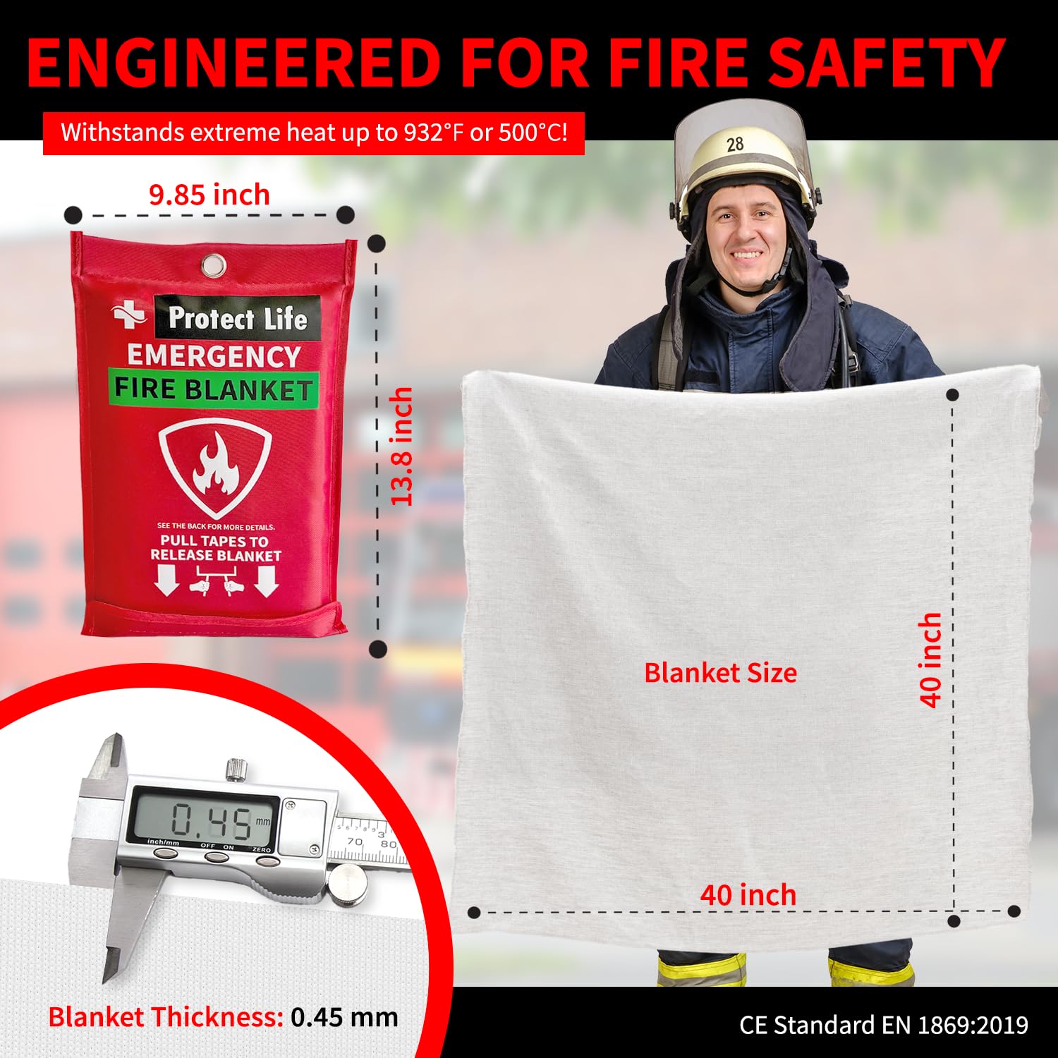 Protect Life Fire Blankets Emergency for Home & Outdoors, 40" x 40" Emergency Fire Blanket for Kitchen, Cooking & Clothing Fire Suppression Blanket, Fire Safety Blanket, Quick & Easy to Use, (2 Pack)