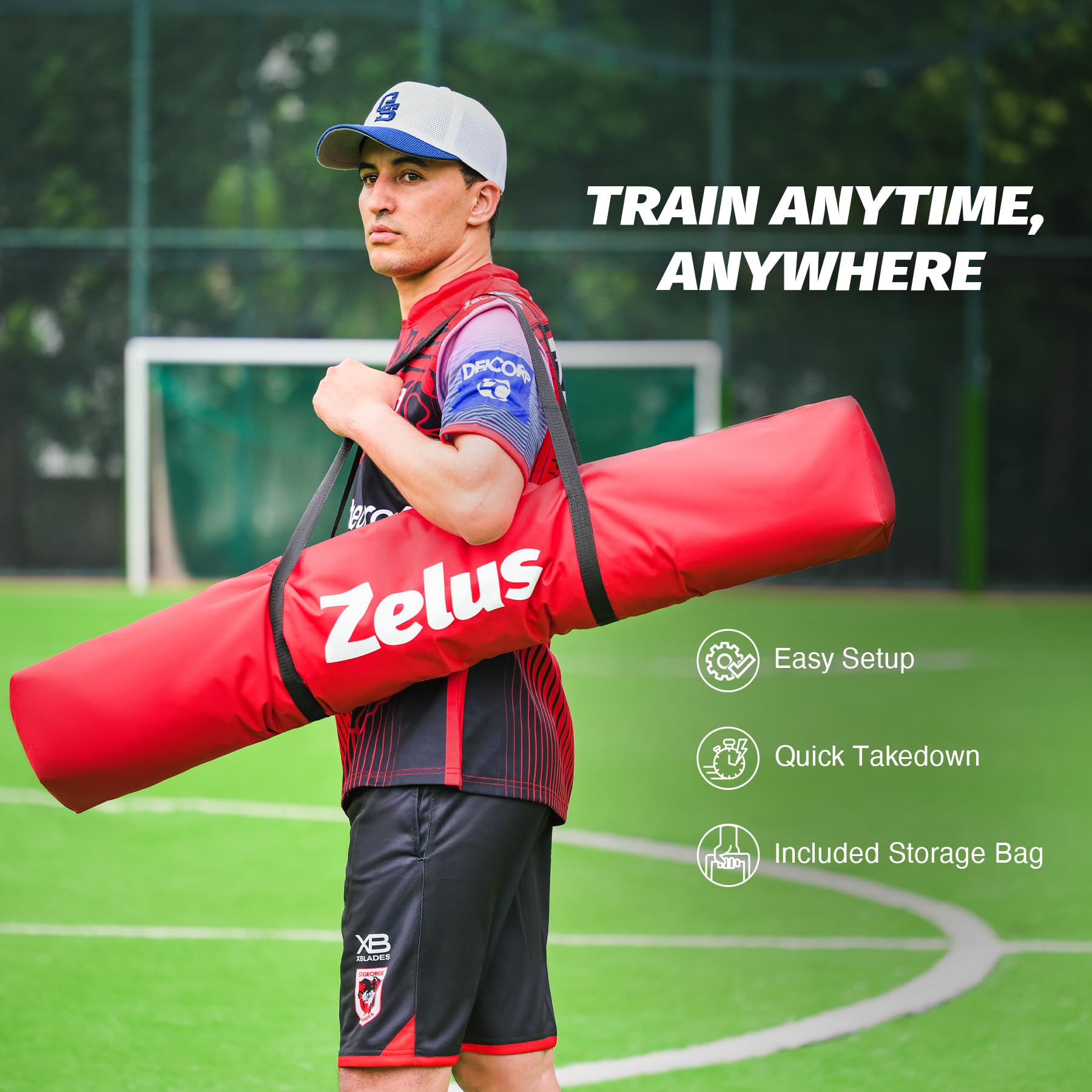 ZELUS 6 x 6ft Football Throwing Net, Quarterback Training Equipment with 5 Target Pockets, Football Practice Throwing Passing Accuracy Trainer with Carry Bag Ground Stakes for Kids Adults, Red
