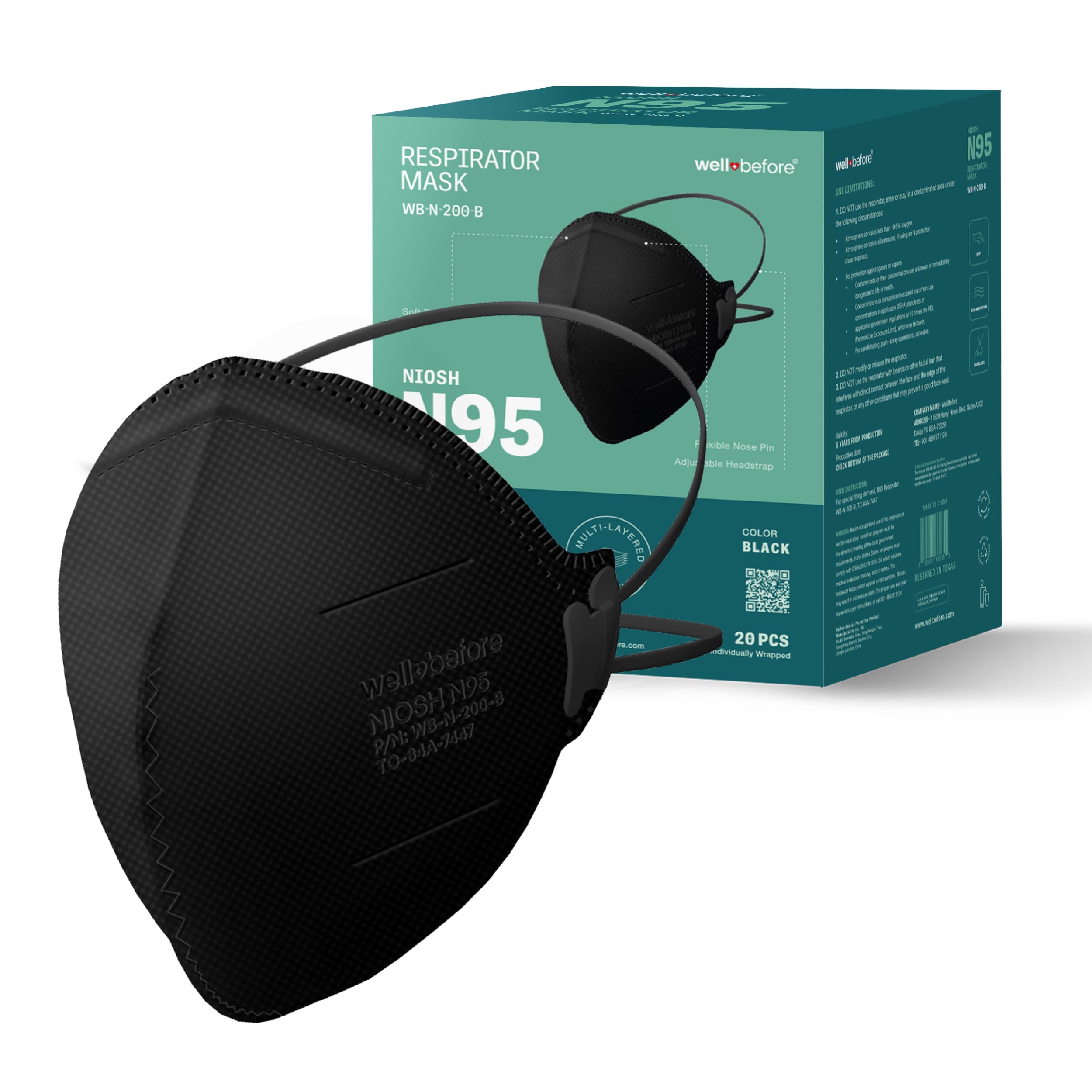 Well Before N95 Mask - NIOSH Approved Respirator (Black, Pack of 20), Lightweight design, Breathable and comfortable for long periods of wear, N95 Masks For Adults