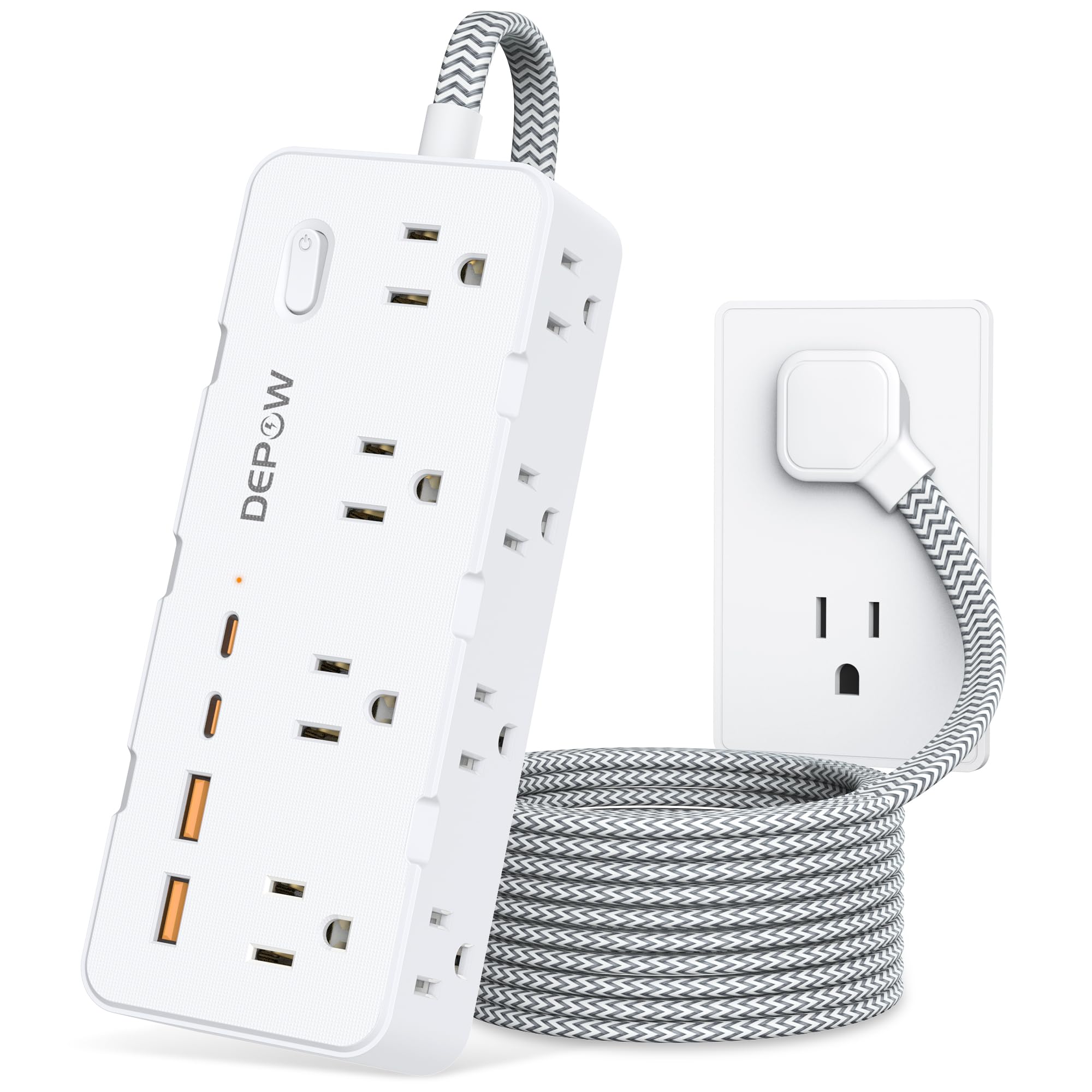 DEPOW Power Strip Surge Protector with 5FT Braided Flat Extension Cord, Wall Mount Charging Station with 8 Outlets 4 USB Ports(2 USB C), Ultra Thin Flat Plug for Home Office, Dorm, Hotel, Travel