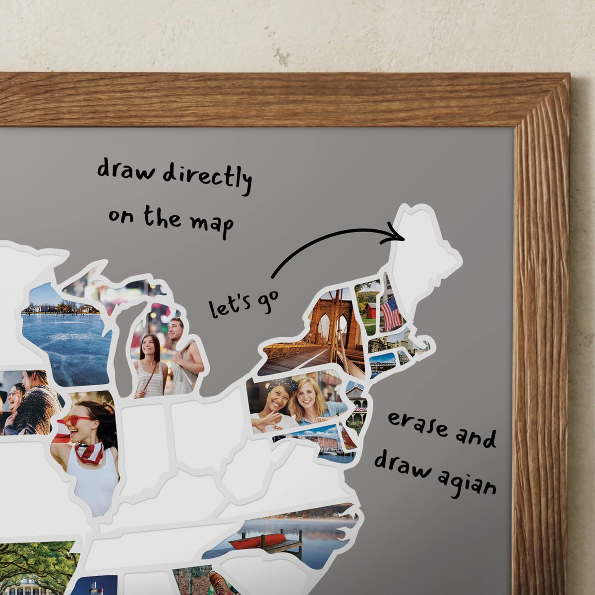 USA Photo Map - 50 States Travel Map - 24 x 36 in - Printed on Flexible Vinyl and Rewritable - Includes Secure Photo Maker - Unframed - Gray