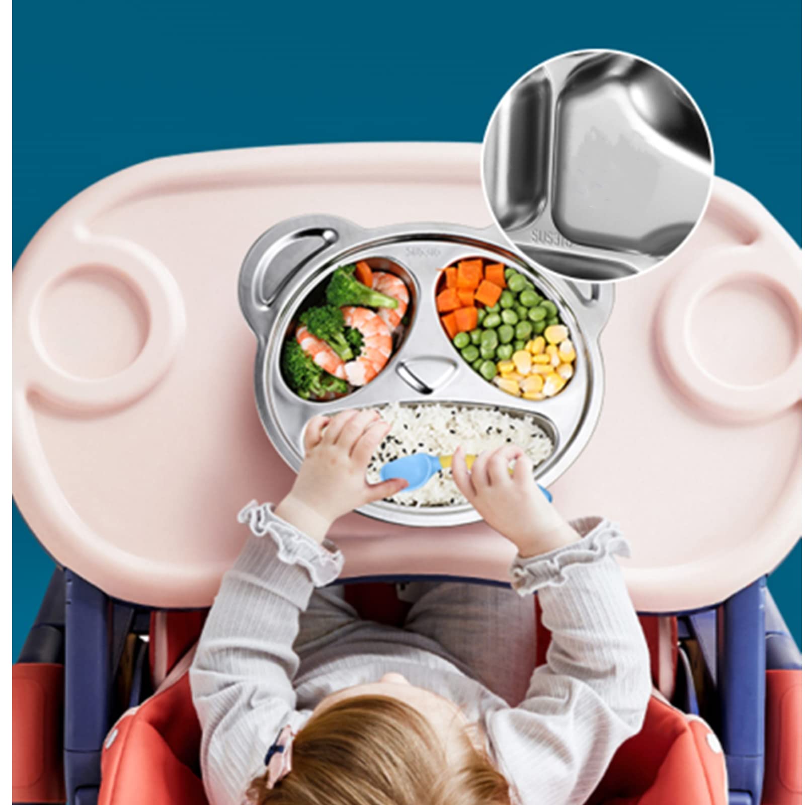 Lyellfe Set of 4 Stainless Steel Divided Plates, 3 Sections Unbreakable Dinner Plates, Cute Panda Shape Divided Plates for Picky Eaters, Lunch, Camping