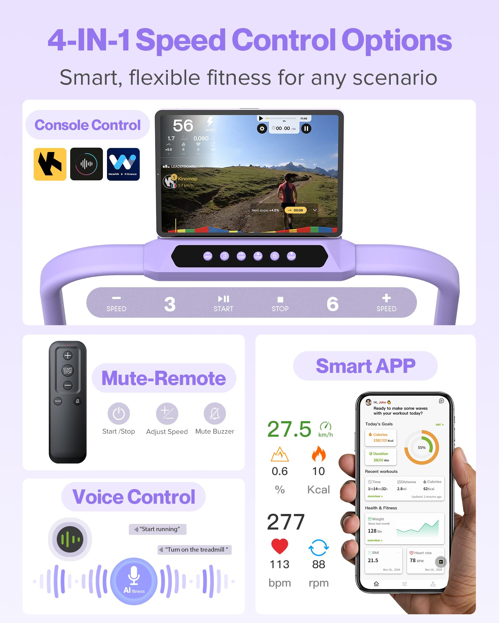 WELLFIT Folding Treadmill with Handlebar, 350 LBS Incline Walking Pad, Quiet Under Desk Treadmill for Home Office, APP & Voice Control, No Assembly Compact Foldable Treadmills, Purple Gift for Women