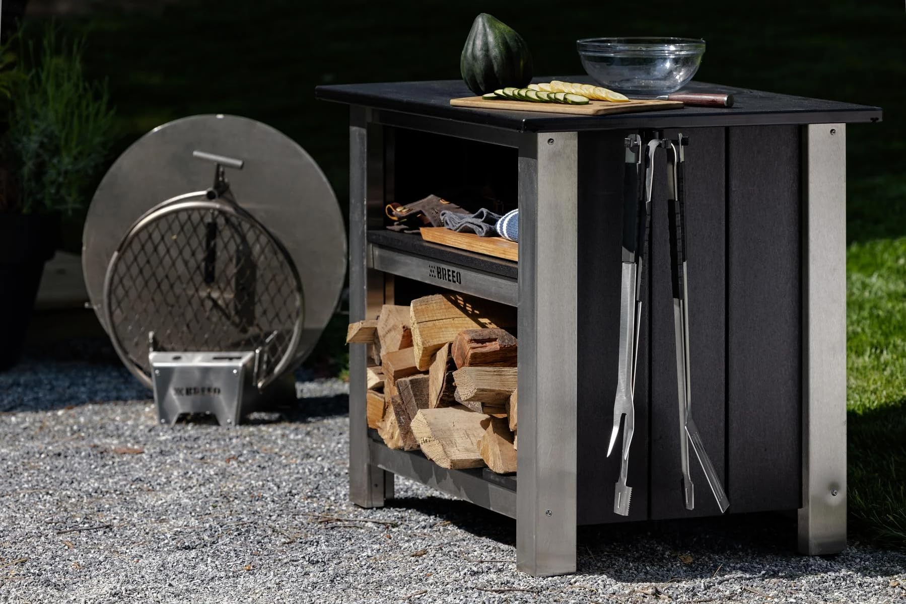 Breeo Grilling Tools Set - Tongs, Spatula, & Fork - Stainless Steel Grilling Accessories - Grill Tools, Griddle & BBQ Accessories for Live-Fire Cooking & Backyard BBQ (Grill Set - Long, 24")