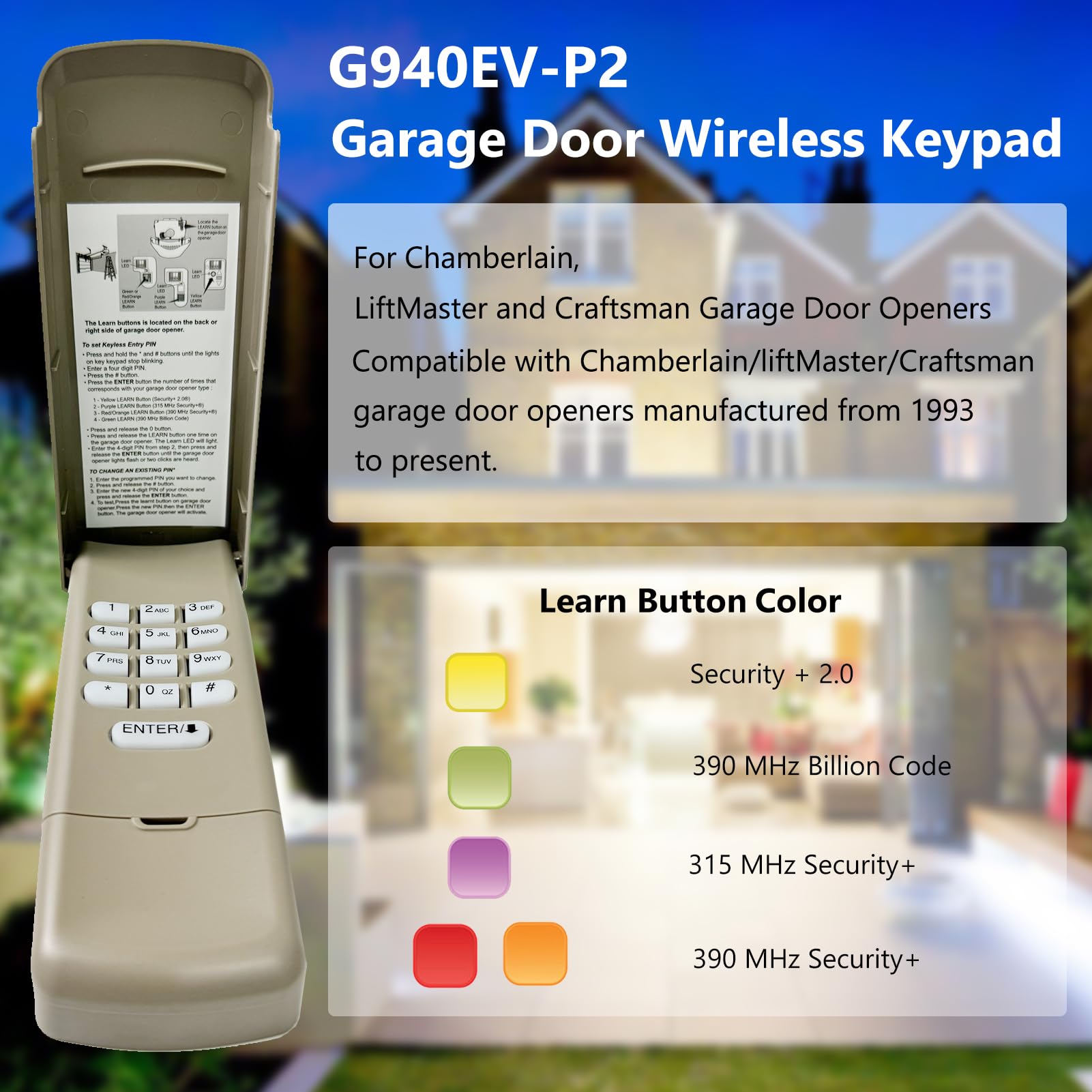 Universal Garage Door Opener Keypad for Liftmaster Chamberlain Craftsman Wayne Dalton Openers Produced since 1993, Wireless Keypad Keyless Entry, Replaces 877/878MAX 377/977/877/66LM,Safe Security+2.0