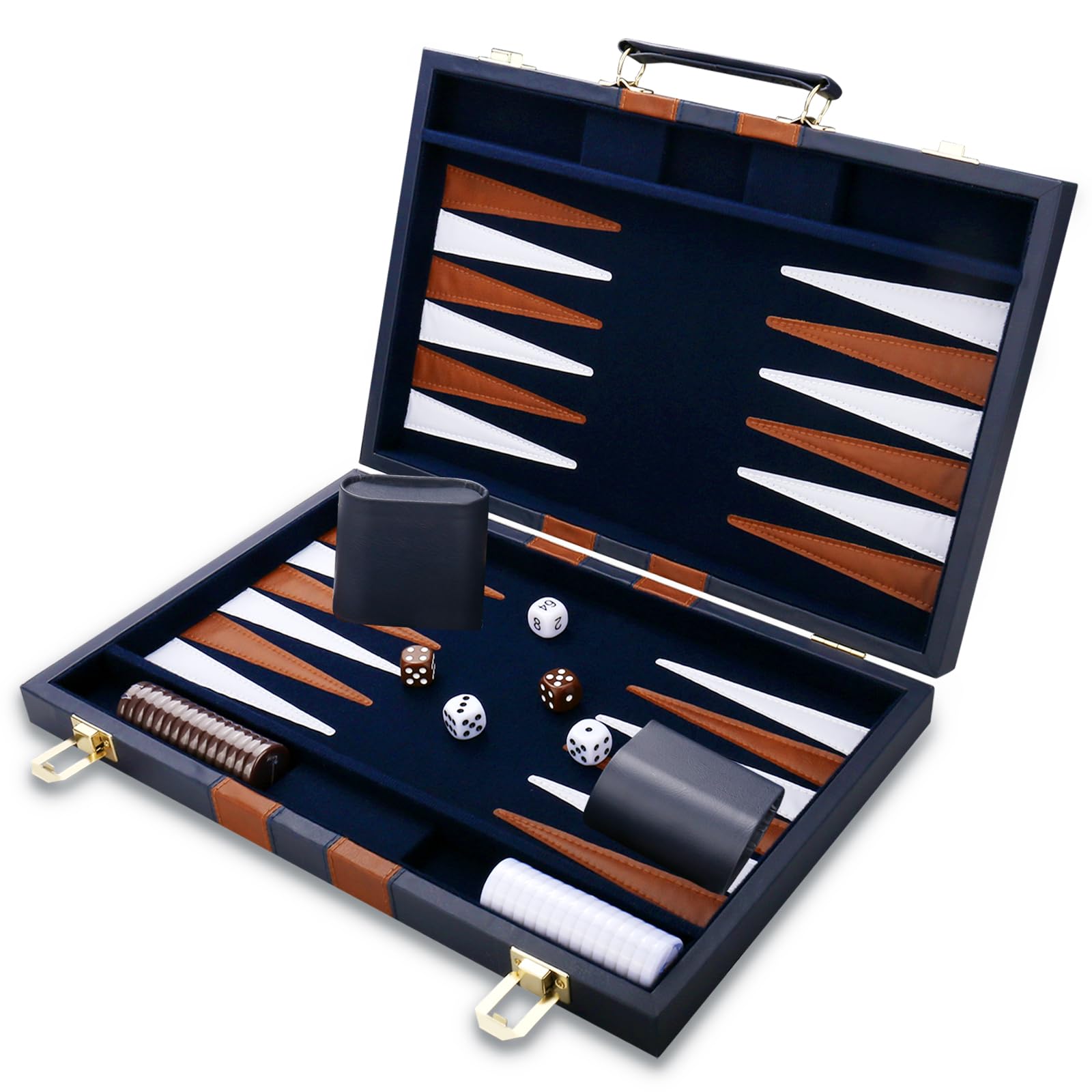 Backgammon Set - Classic Board Game with Premium Leather Case - Portable Travel Strategy Backgammon Game Set for Adults, Kids - Suitable as (15inch, Navy)