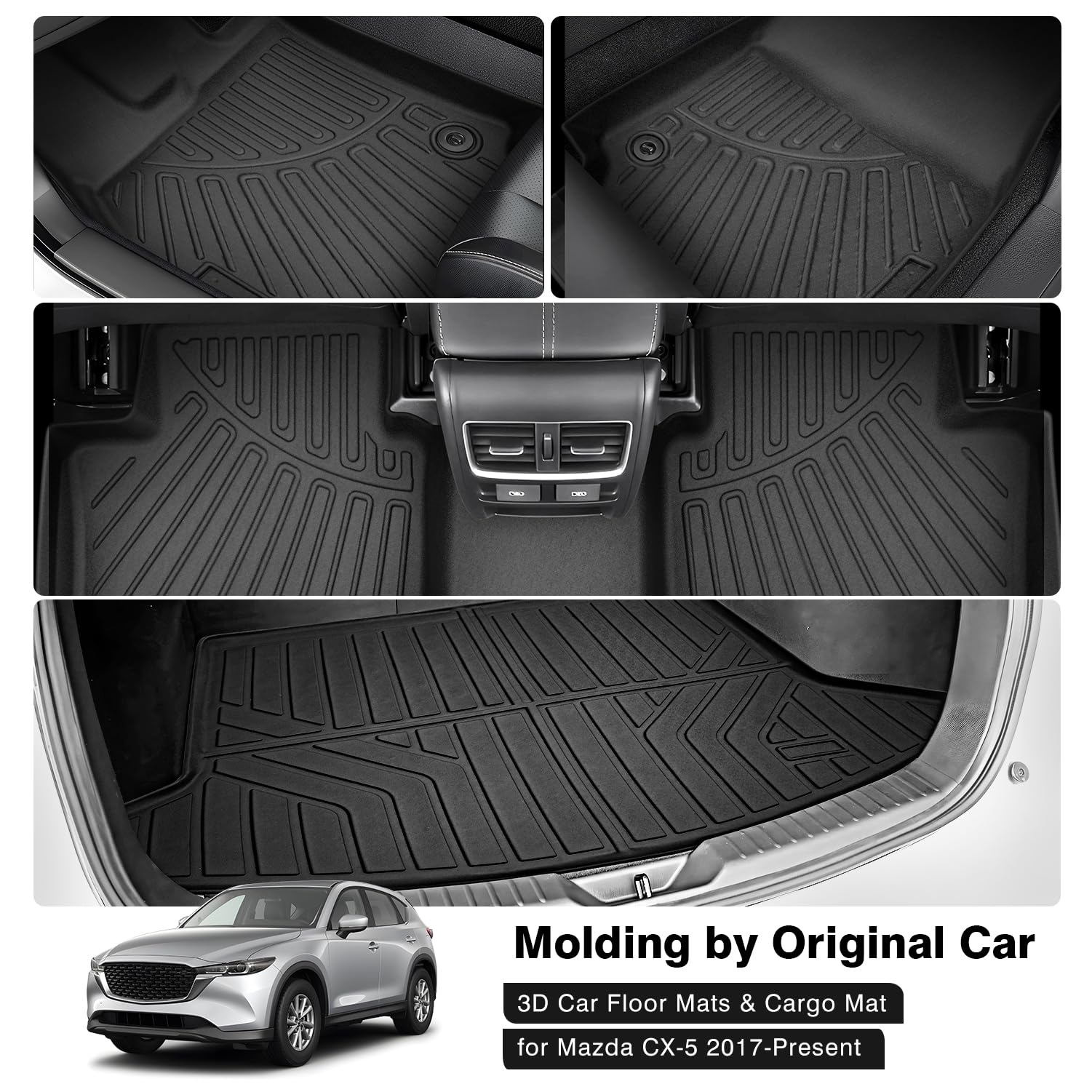 Powerty Floor Mats & Cargo Liner for 2017-2022 2023 2024 Mazda CX-5 CX5 Accessories Car Mats, Includes 2 Row and Cargo Liner Set, All Weather TPE 3D Floor Liners Rear Cargo Mat