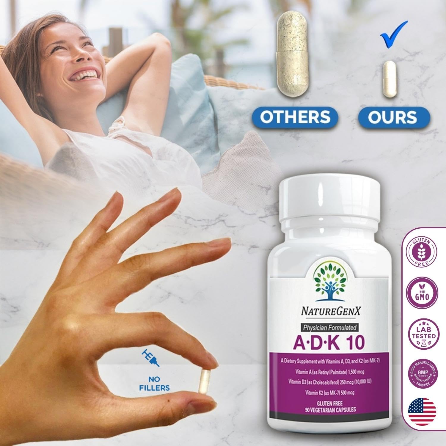 NatureGenX ADK 10 Supplement - Potent A, K2 & D3 Vitamin Supplement 10000 IU for Bone, Heart & Immune Support - 90 Count Easy-to-Swallow Vitamin ADK Supplement Capsules (3 Month Supply)