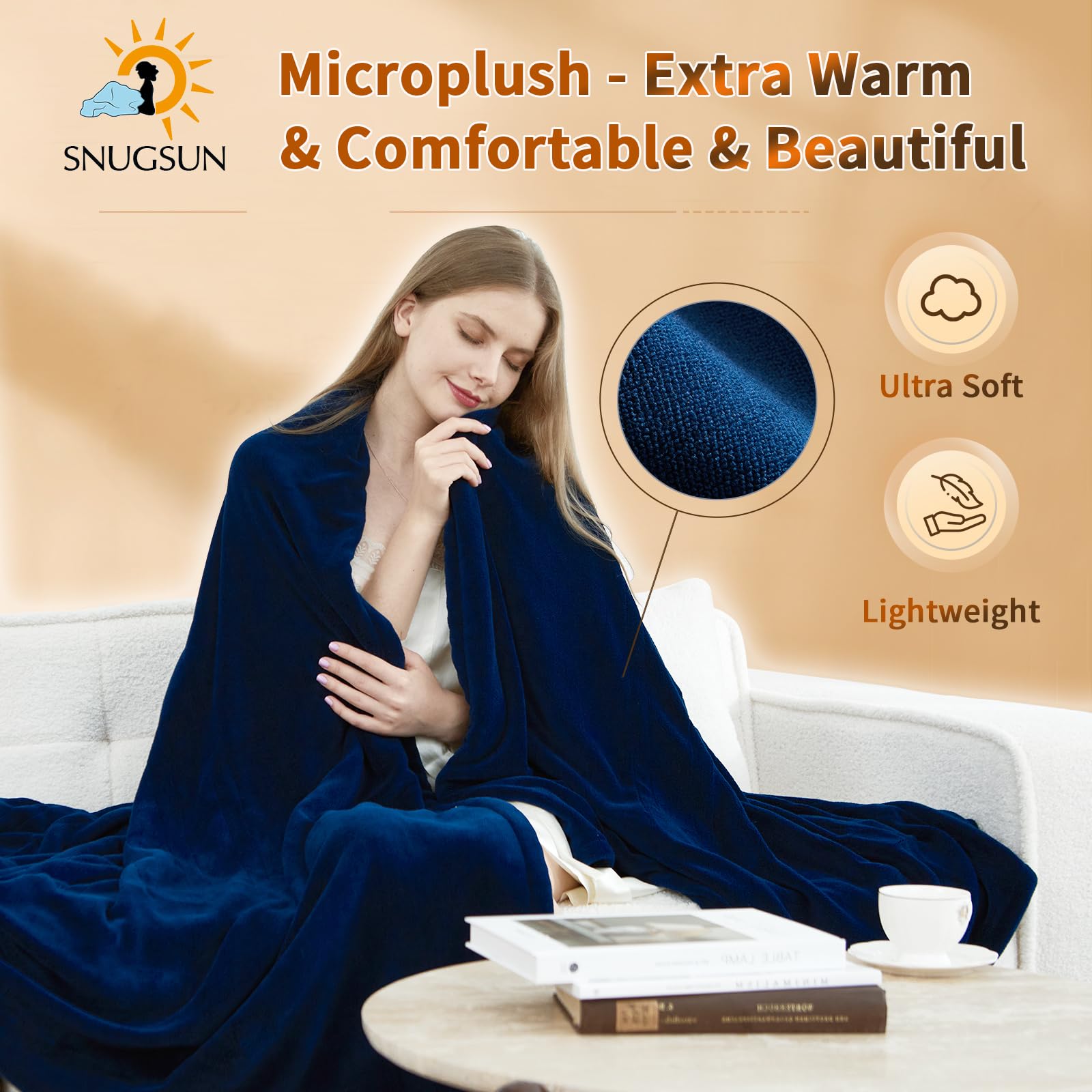 SNUGSUN Heated Blanket Twin Size 62"x 84", Microplush Flannel Electric Blanket, Soft Durable & Anti-Pilling Heating Blanket, Fast Heating ETL & FCC, 6 Heating Levels &10 Hours Auto-Off, Pageant Blue