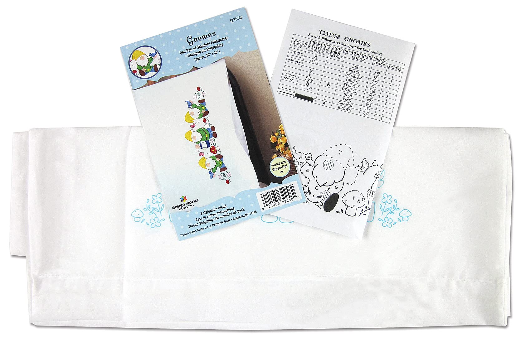 Tobin Gnomes Stamped for Embroidery Pillowcases, White