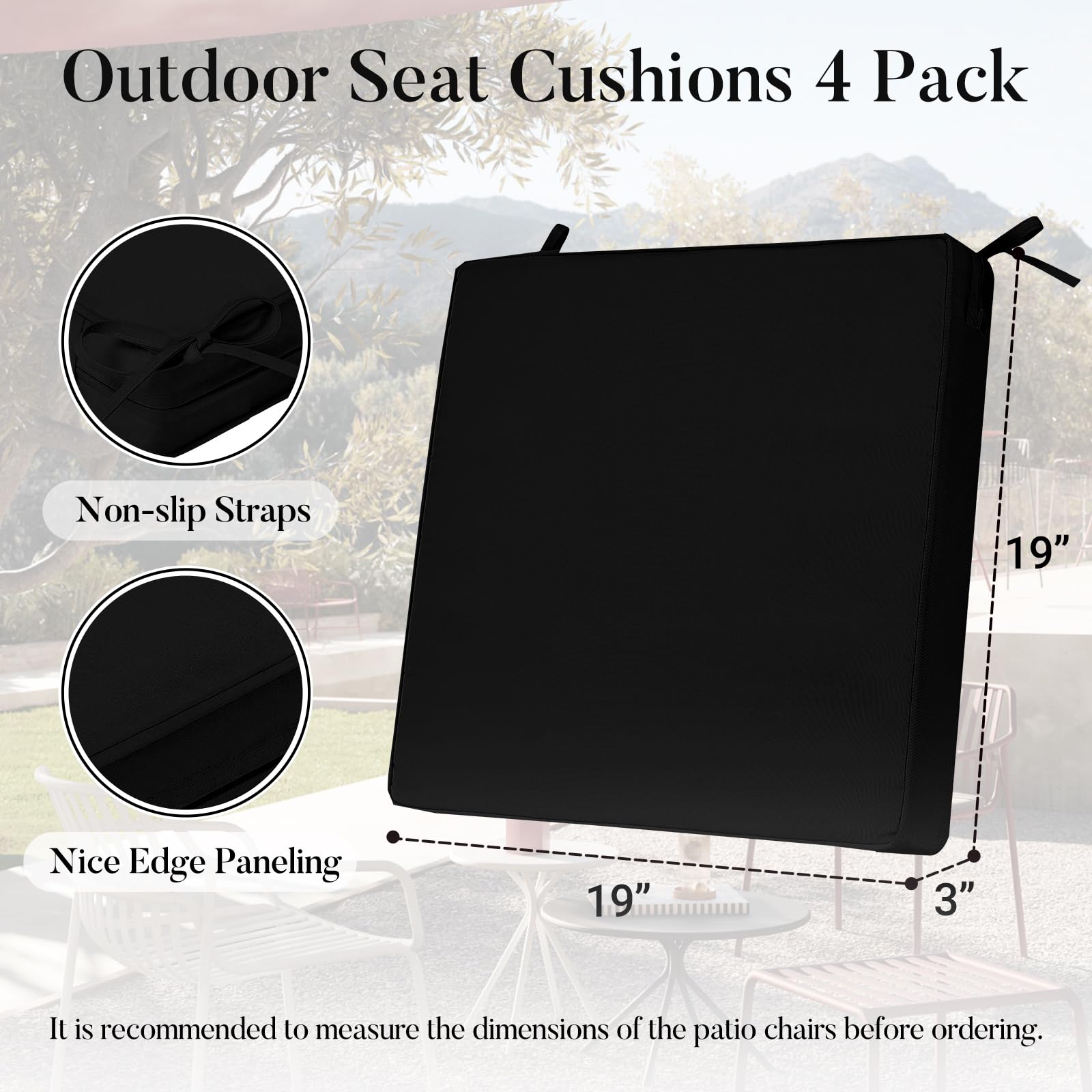 Basic Beyond Outdoor Chair Cushions for Patio Furniture, Waterproof Outdoor Seat Cushions Set of 4 19 x 19, Patio Chair Cushions Set of 4 with Ties and Handle, Black