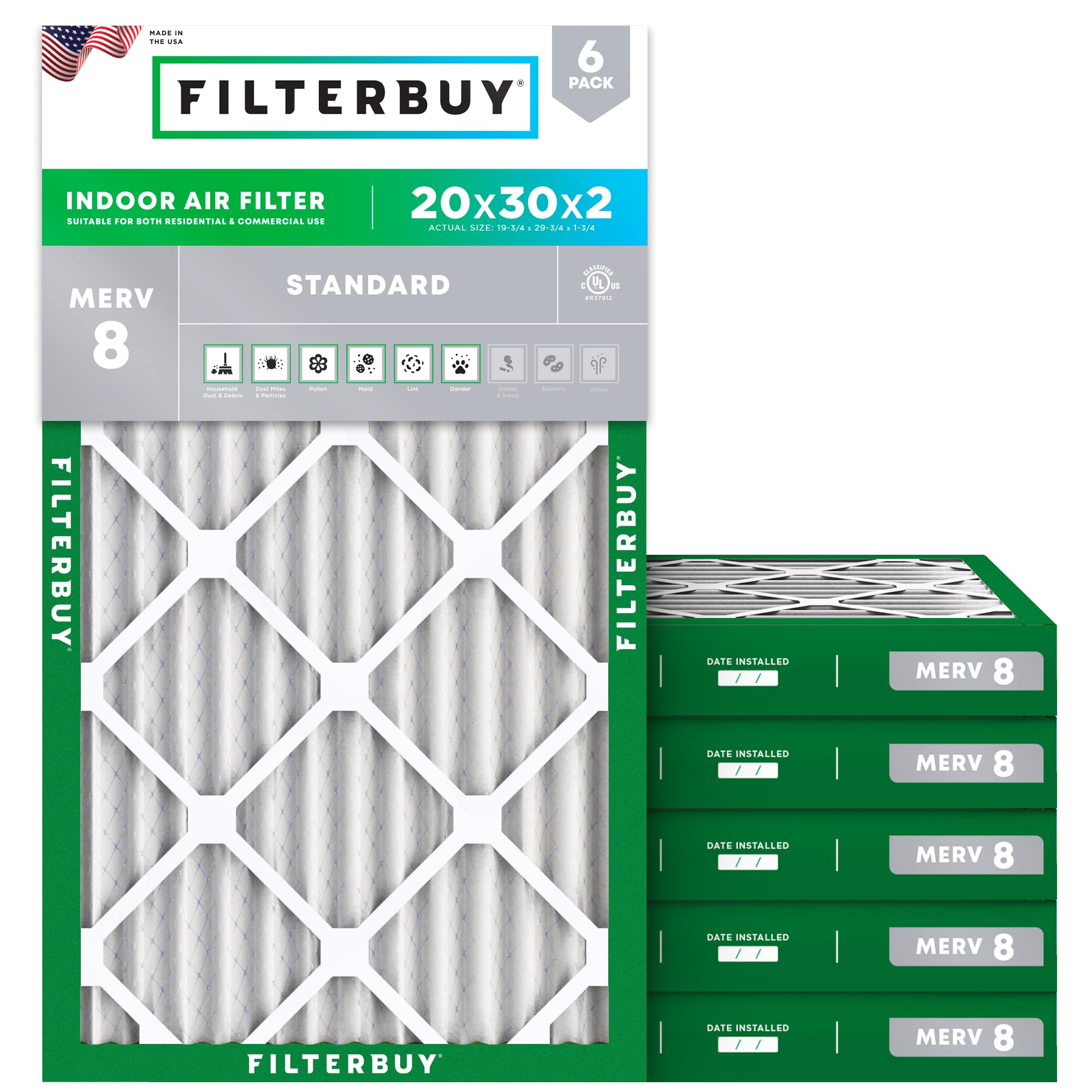 Filterbuy 20x30x2 Air Filter MERV 8 Dust Defense (6-Pack), Pleated HVAC AC Furnace Air Filters Replacement (Actual Size: 19.75 x 29.75 x 1.75 Inches)