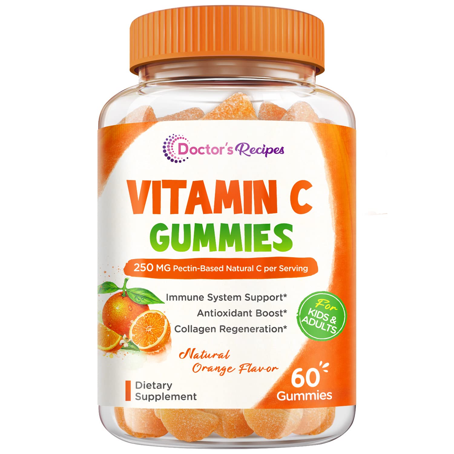 Doctor's Recipes Vitamin C Gummies for Kids & Adults, 250mg per Serving, Immune Support, No High Fructose Corn Syrup No Gelatin, 60 Pectin Gummies, Natural Orange Flavor