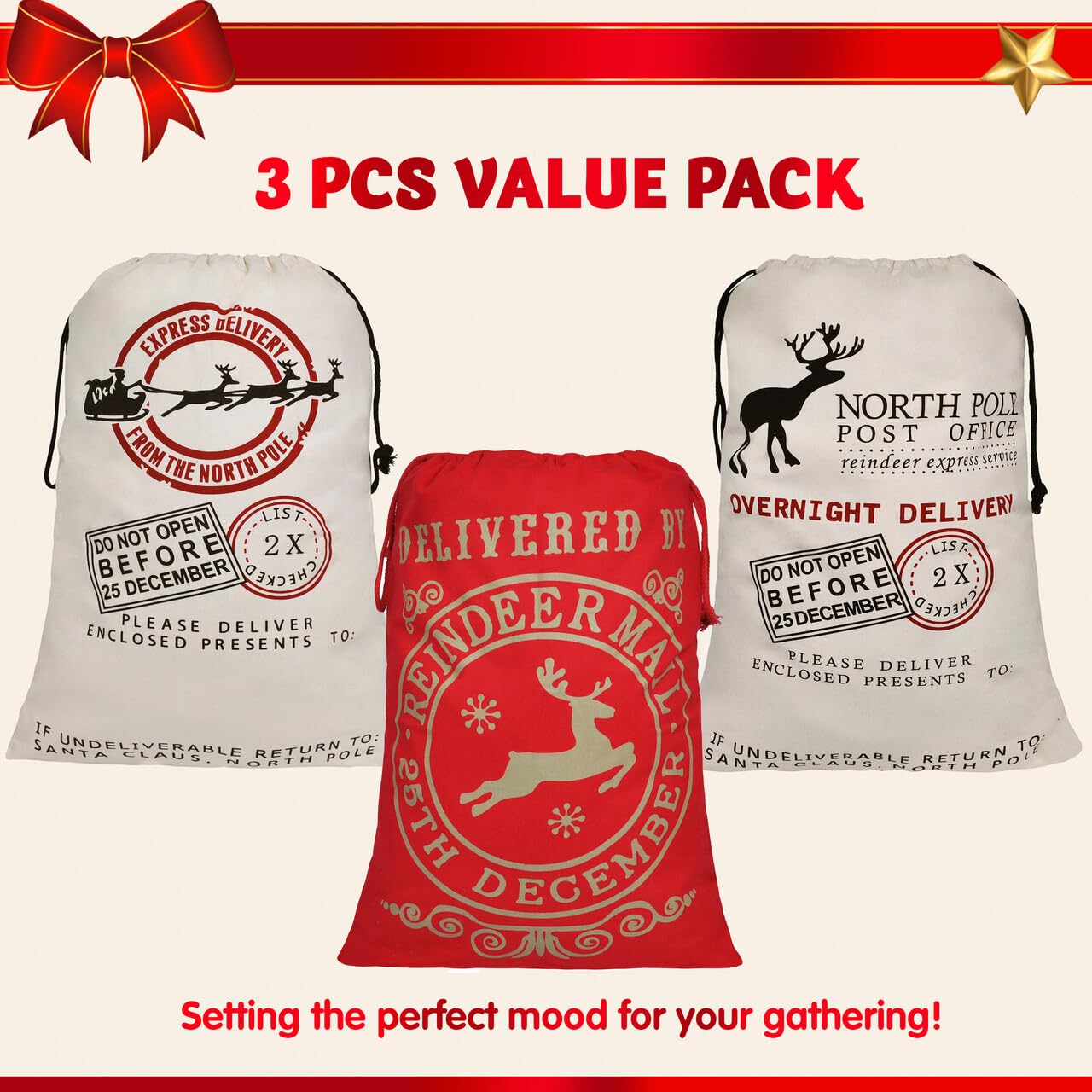 JOYIN 3 PCS Santa Burlap Sack present Bags with Drawstring 26" x 19" for Large Xmas Package Storage, Event Party Supplies, Christmas Party Favors.